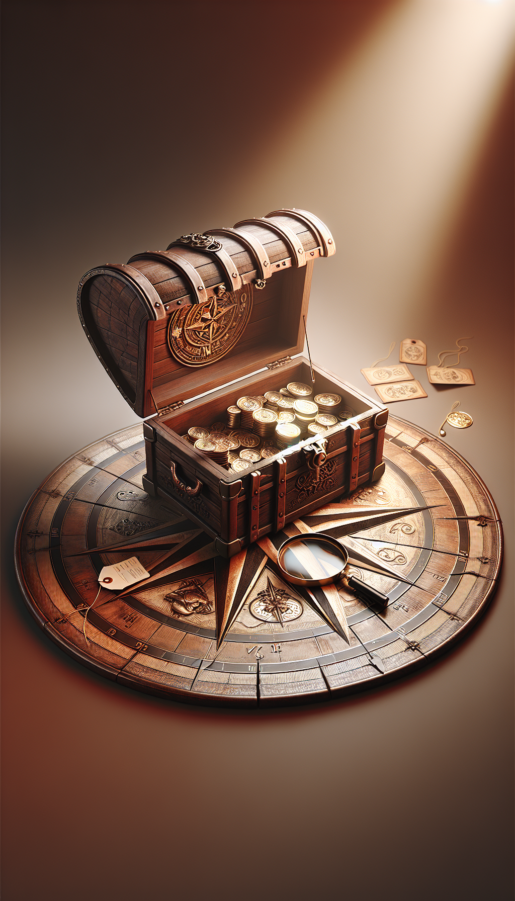 An antique trunk sits atop a vintage, ornately-detailed compass rose, with its lid ajar, revealing glimmering treasures within. Each compass point directs to a different era's emblem, suggesting various trunk origins. A magnifying glass hovers over, symbolizing valuation, and price tags dangle from the handle, hinting at sales. Sketched in sepia tones, the image evokes an air of historic mystique and worth.