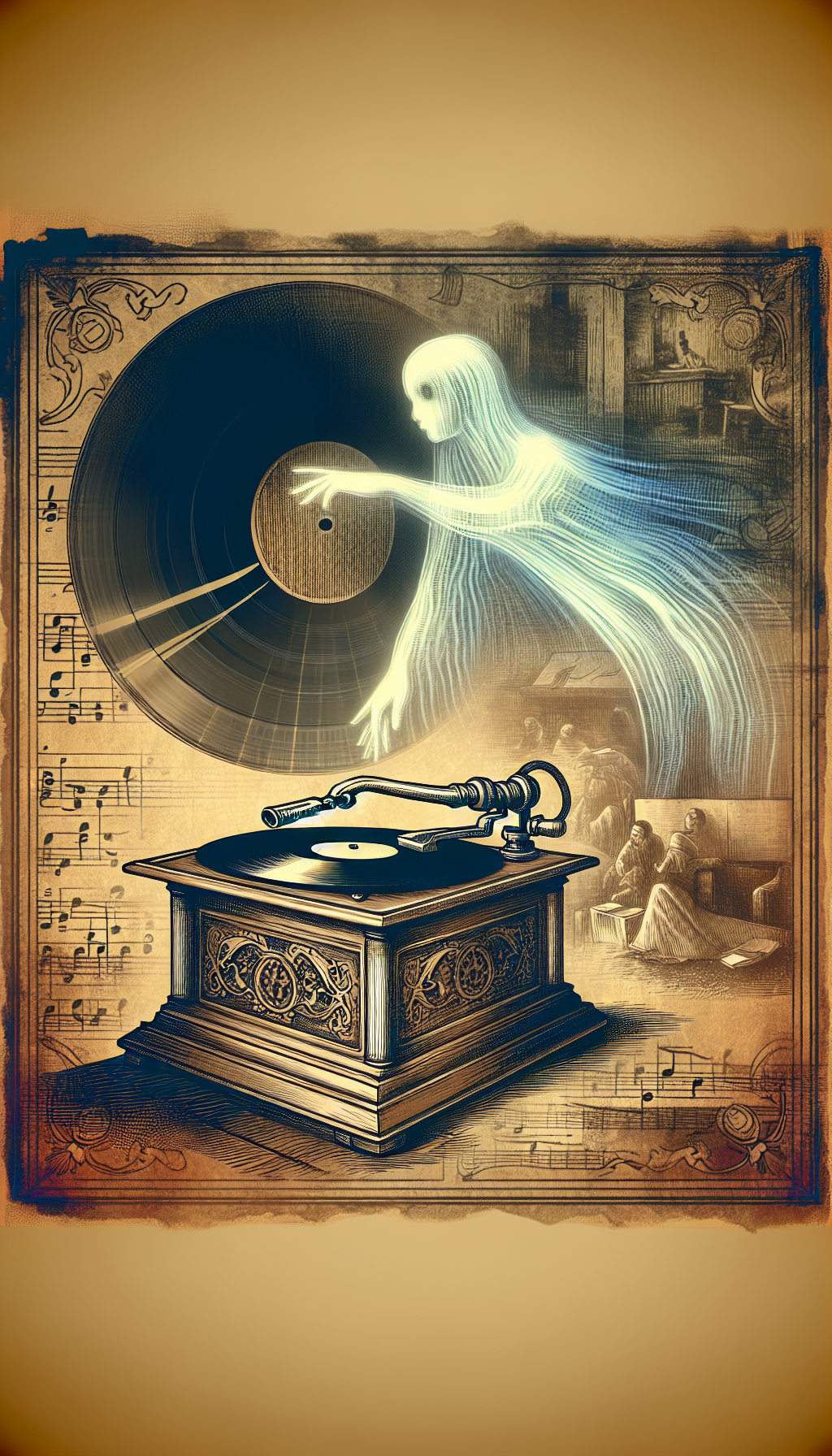 An illustration features a semi-transparent, ghostly Victrola, overlaid on a sepia-toned collage of historical music events. A modern hand places an antique vinyl on the Victrola, signifying its lingering value. The image skillfully merges Victorian etching, photography, and contemporary line art to symbolize the timeless essence of the phonograph's influence across the ages.