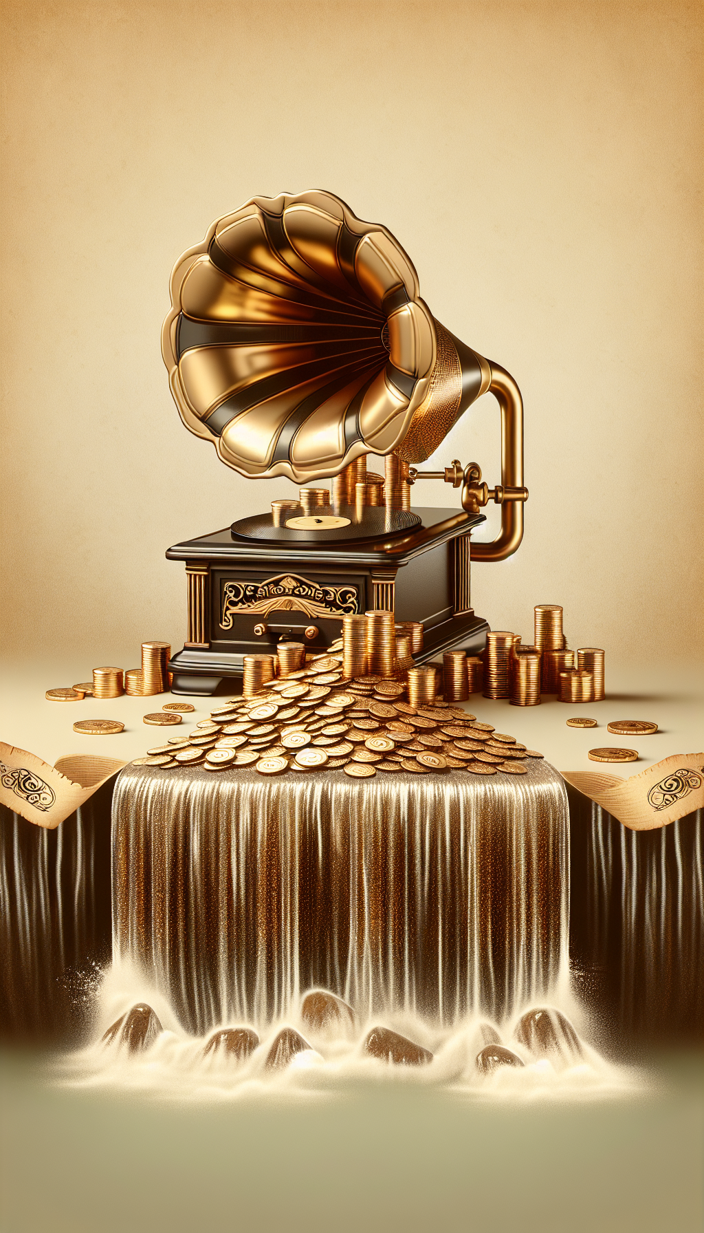 A vintage Victrola record player sits atop a cascade of shimmering gold coins, replacing the turntable with an elegant appraisal magnifying glass that reflects a nostalgic memory in sepia tones. Delicately intertwined around the Victrola, a stylized parchment ribbon unfurls, inscribed with the words "Nostalgia to Net Worth."
