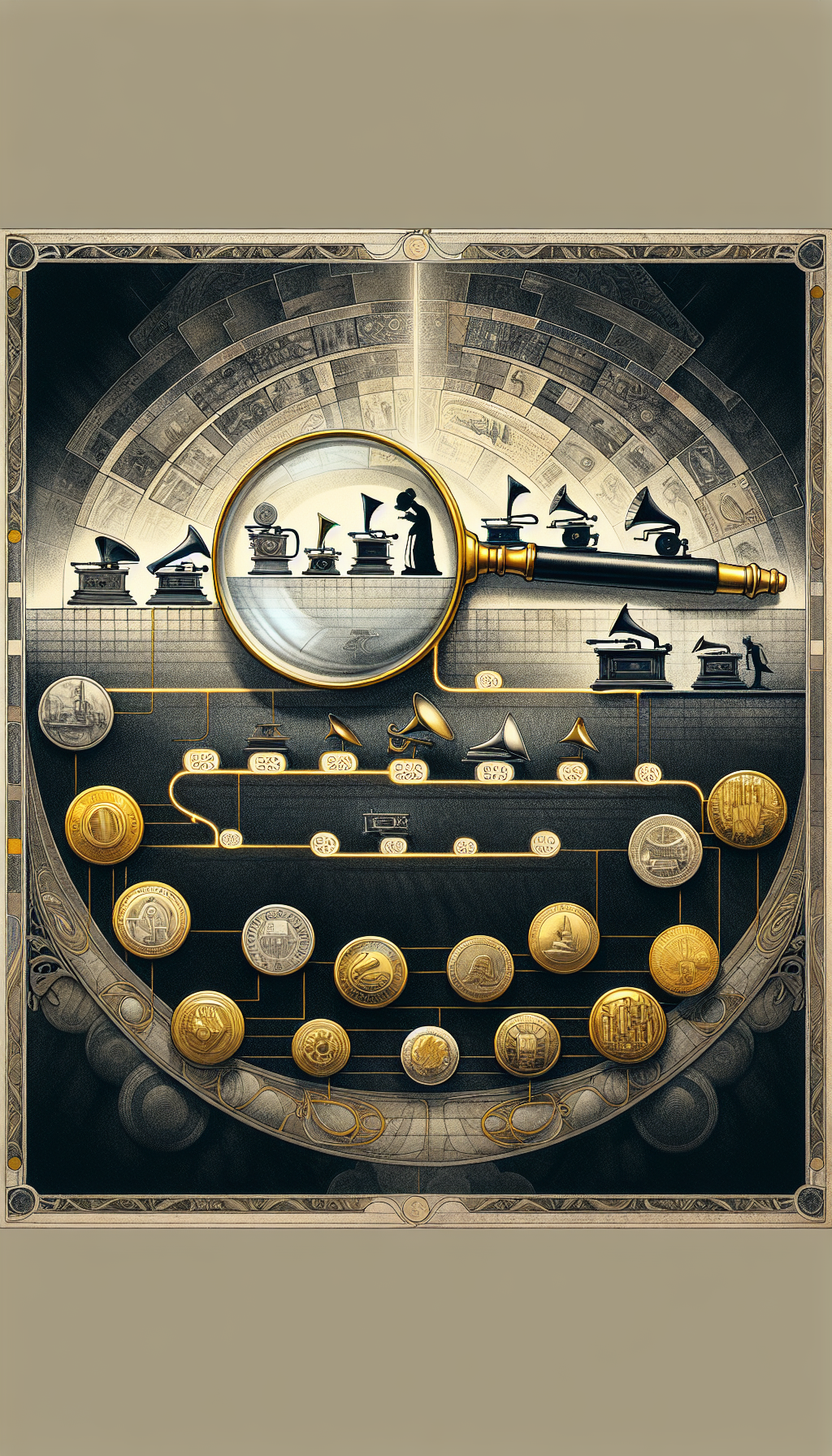 The illustration displays a magnifying glass hovering over a timeline etched with iconic Victrola silhouettes, with each era's model marked by its release year. Beneath the timeline, reflective gold coins symbolize the antique player's value, growing larger towards the present. The image is a pastiche of styles, with Art Deco borders, photorealistic Victrolas, and an Impressionist backdrop, suggesting the blend of history and worth.