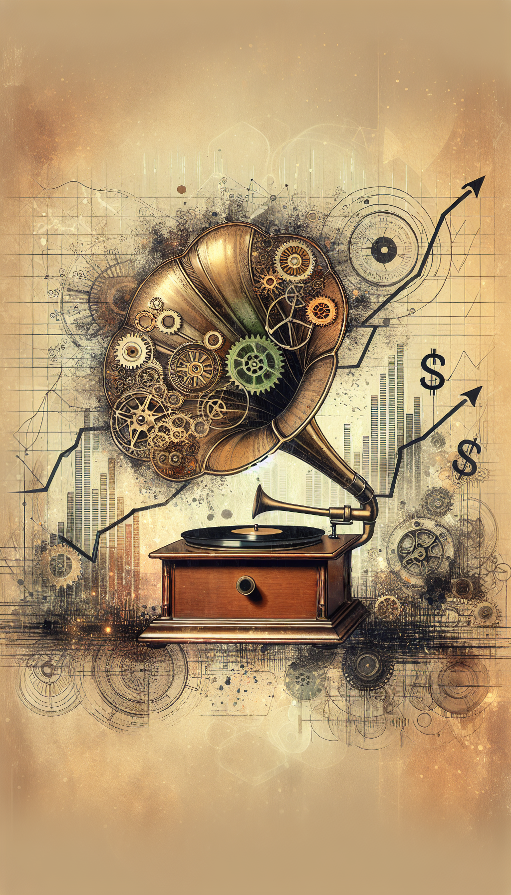 An elegant vintage Victrola player amidst rising graph lines and dollar signs stands as the centerpiece, with intricate gears symbolizing factors like rarity, condition, and brand heritage partially revealed within its open horn. This blend of elements showcases the player's antique value and market dynamics, presented in a mixed media style juxtaposed with sepia tones and watercolor splashes.