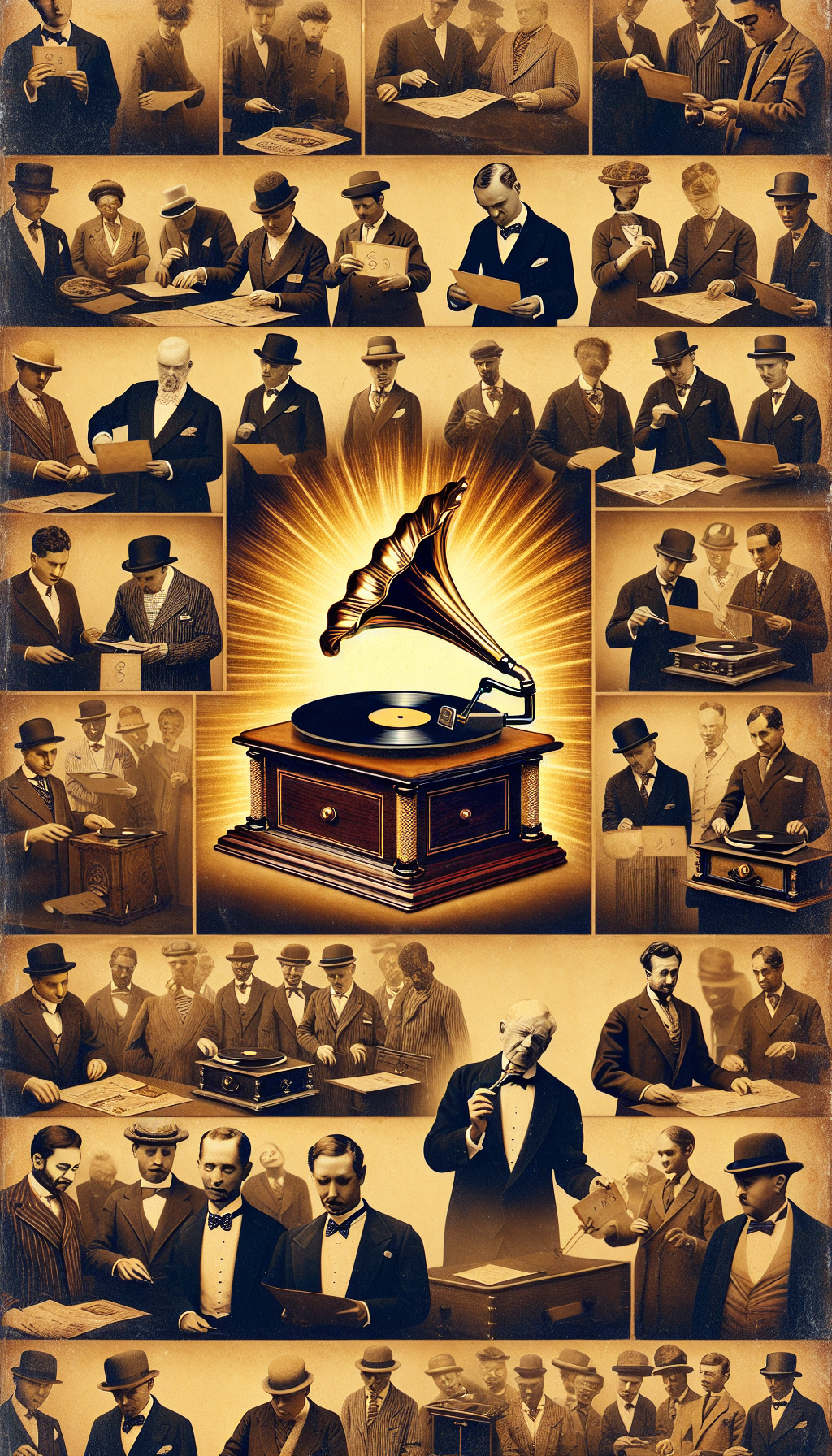 A collage of sepia-toned vignettes, each showcasing a unique Victrola amidst different appraisal scenarios: one surrounded by appraisers with magnifying glasses, another being admired by a diverse crowd, and a third with price tags floating overhead, all tied together by a gleaming golden note to symbolize the value of antique record players.