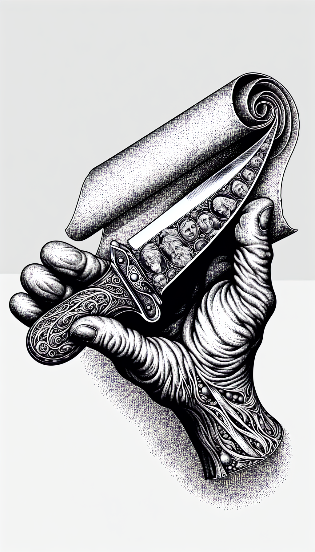An intricately etched illustration showcases a majestic, weathered hand unfurling a scroll that transitions into a gleaming old-timer knife, with its blade reflecting key historical events. The textured handle bears monetary symbols, hinting at its growing vintage value, while the scroll's edge morphs into a timeline dotted with significant dates, artistically combining stippling with bold line art.