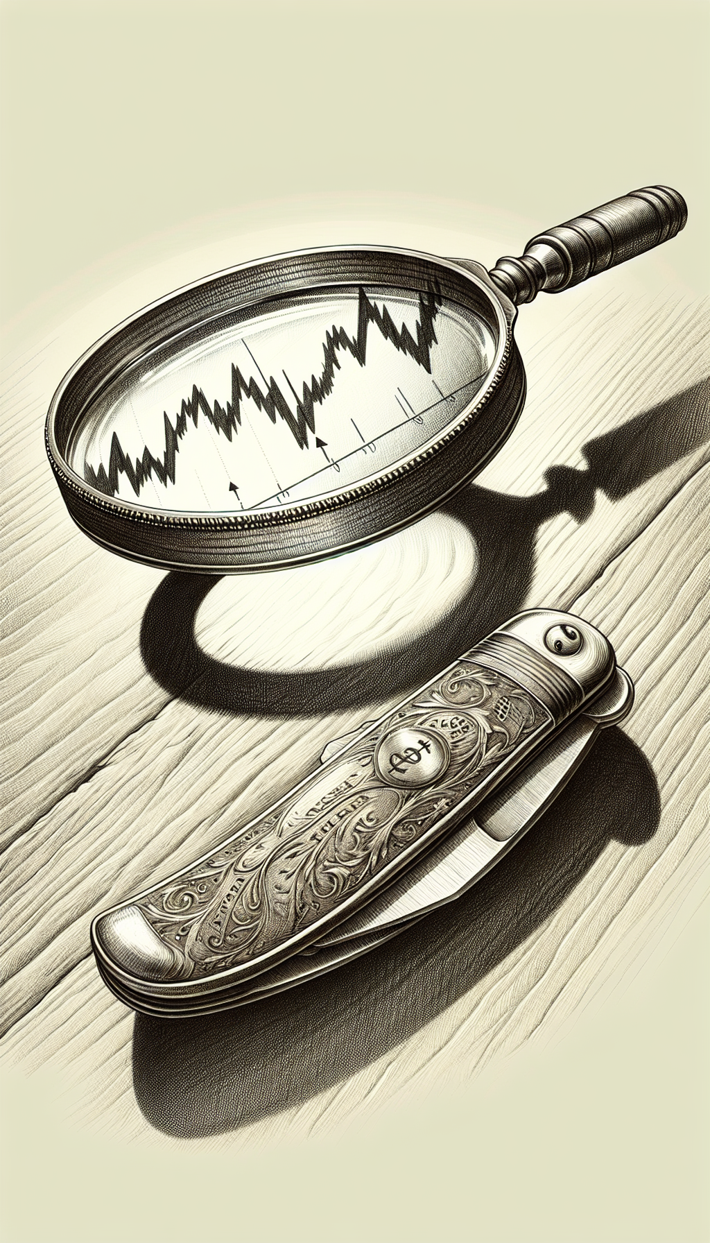 An intricately lined sketch showcases an antique magnifying glass hovering over a vintage old timer knife, casting a shadow of a fluctuating stock market graph on a wood-grained table, symbolizing appraisal insights. The knife handle is engraved with years, indicating its age, and subtle dollar signs shimmer along the blade edge, articulating its collectible value through diverse line weights and hatching techniques.