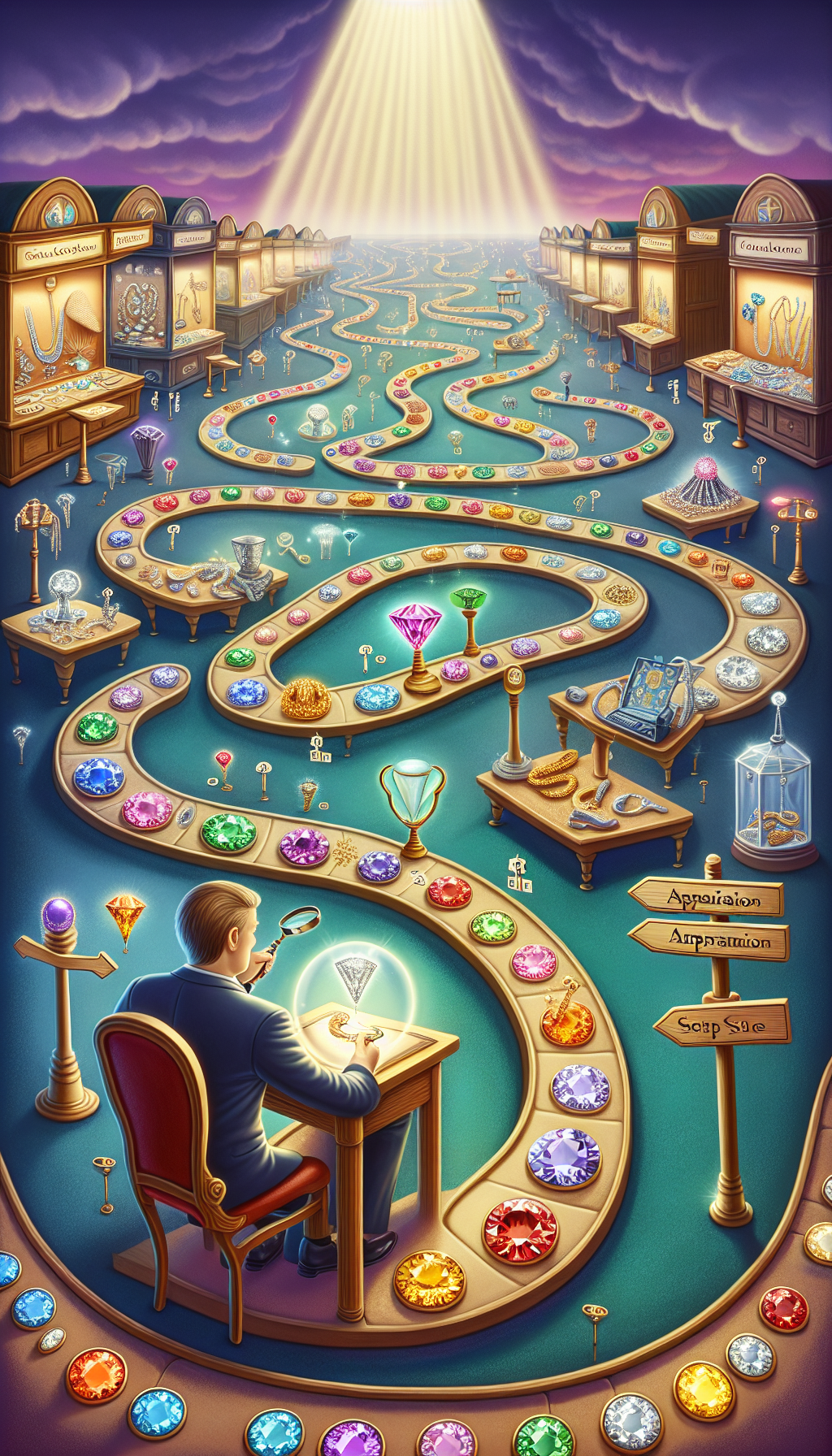A whimsical treasure map unfurls, leading through gemstone-studded paths to a magnifying glass-armed expert appraiser at a jeweler's bench, while paths diverge toward bustling marketplaces and auction houses. The expert holds a gleaming piece of jewelry, signifying the beginning of an appraisal, with signs pointing to various selling destinations, encapsulating the dual journey of assessment and sale.