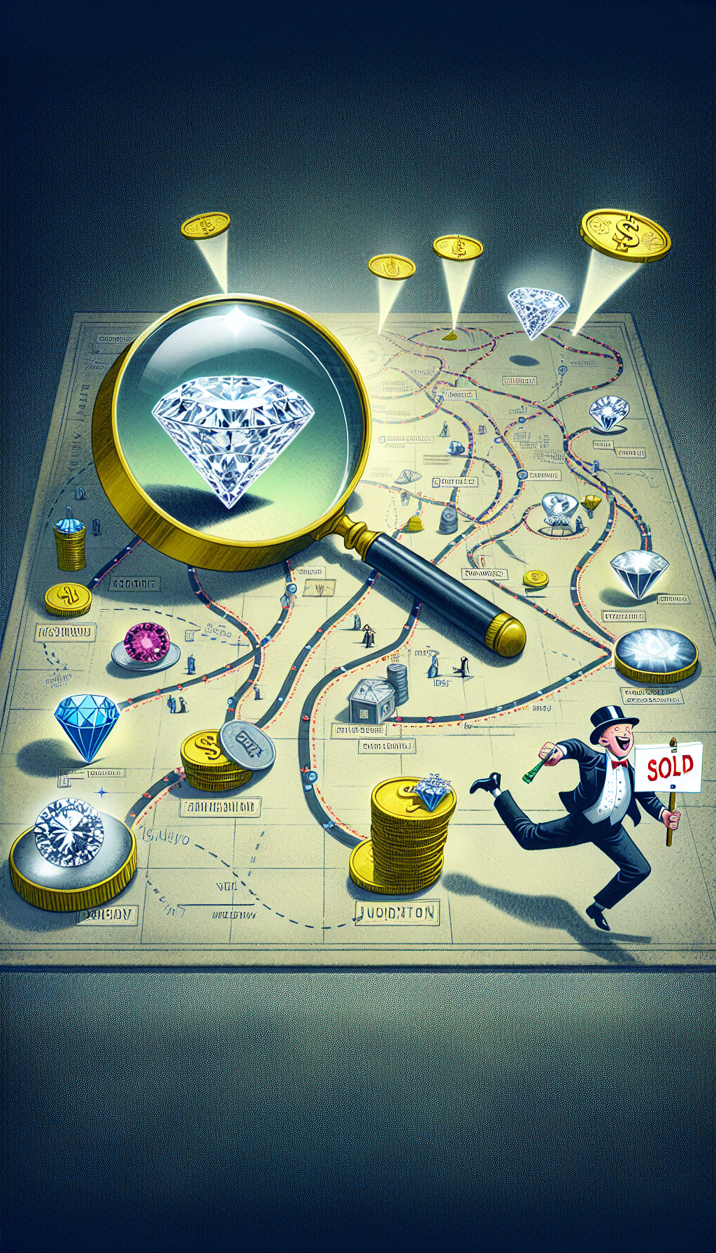 An illustration shows an elegant magnifying glass inspecting sparkling jewelry atop a treasure map, with distinct paths leading to reputable jewelers, auction houses, and online marketplaces. Each path is dotted with coins and dollar signs, symbolizing the journey to maximizing value, while a character gleefully follows a path, holding a 'SOLD' sign. The style alternates between realistic jewels and cartoonish paths and characters.