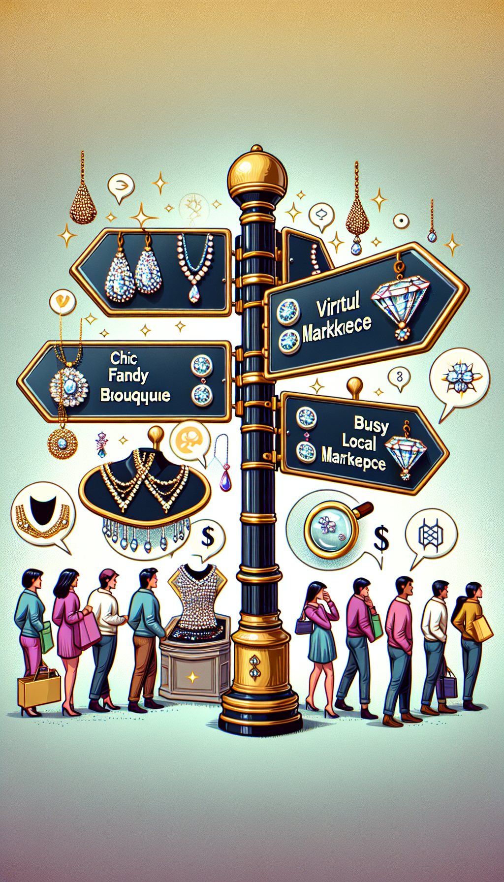 An illustration showcases a split, three-way street sign pointing towards a chic boutique, a bustling online platform, and a cozy local market, each with a shimmering piece of jewelry above it and a list of floating pros and cons icons beside. Below, a magnifying glass hovers over jewels with price tags, as a line of potential buyers approaches, representing appraisal and sale points.