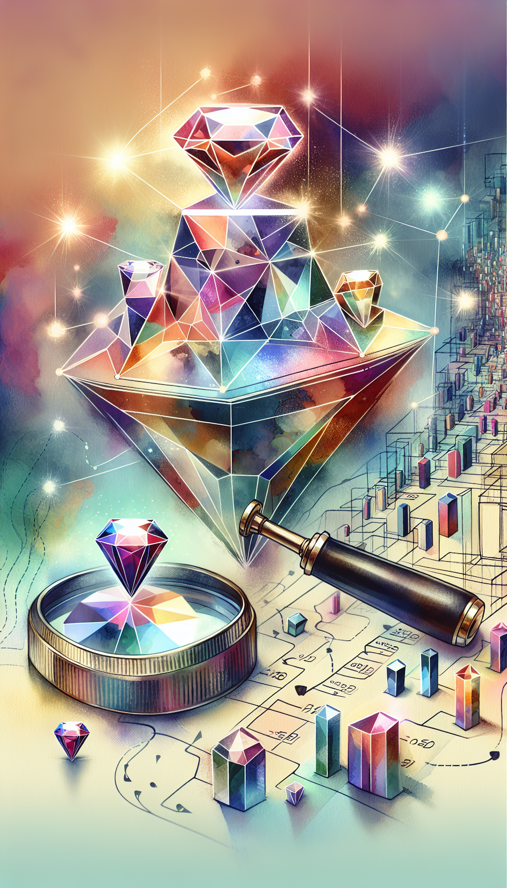 An illustration featuring a jeweler's magnifying loupe perched atop a pyramid of critical appraisal elements - gemstone cut, carat, clarity, and color gradients. Below, a map dotted with star icons indicating appraisal locations, leading to a bustling marketplace of buyers with price tags. Each element rendered in distinct styles: realistic gemstones, a watercolor map, and abstract, geometric buyers and sellers.
