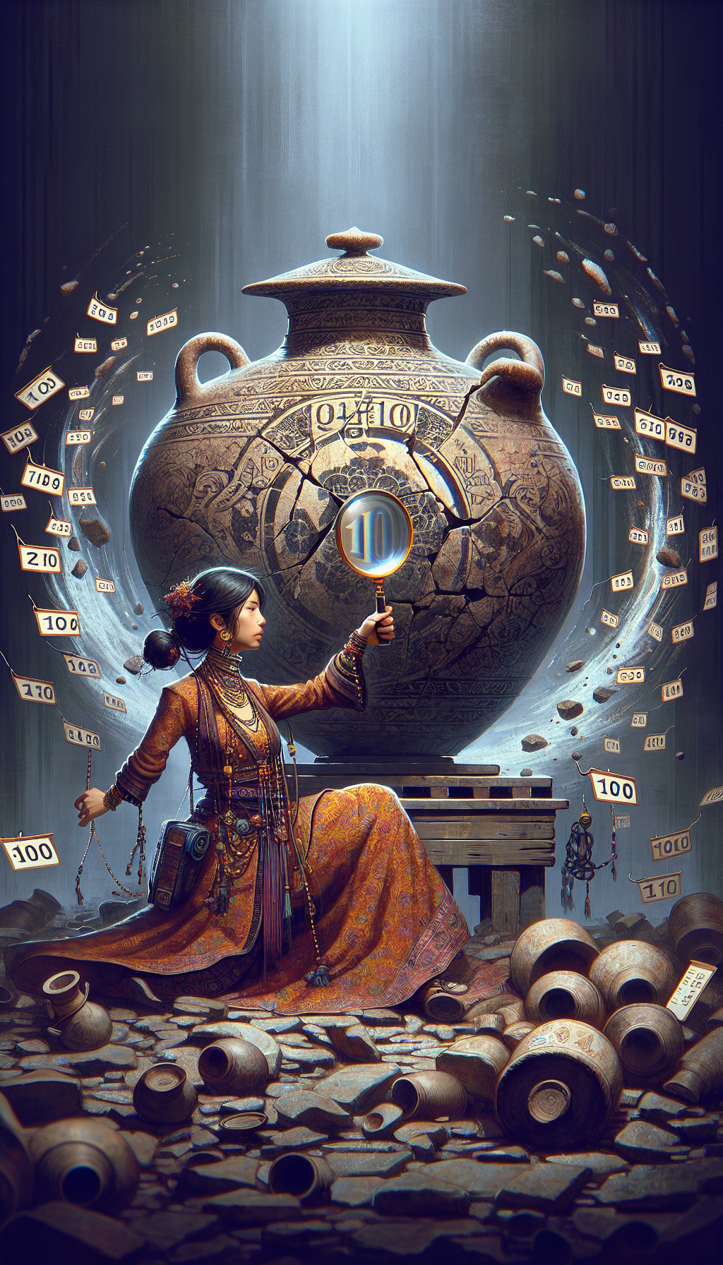 An illustration depicting a whimsical detective, magnifying glass in hand, inspecting a large, cracked 10-gallon crock, with ornate patterns symbolizing its age and a bold '10' ghosted in the background. The crock stands atop an auction block with varying price tags swirling around, suggesting its fluctuating value as the detective deciphers its historical enigma.
