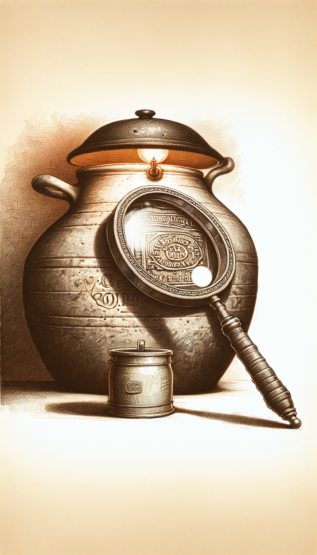 An old, textured 10-gallon crock sits center stage, partially lit by a vintage lamp's soft glow. Upon its rounded belly is a magnifying glass that clearly highlights a maker's intricate stamp and authentic signature, whispering of its storied past and value. The illustration varies in style: realistic crock textures juxtaposed with whimsical, sketched magnifying glass and illuminated stamp details.