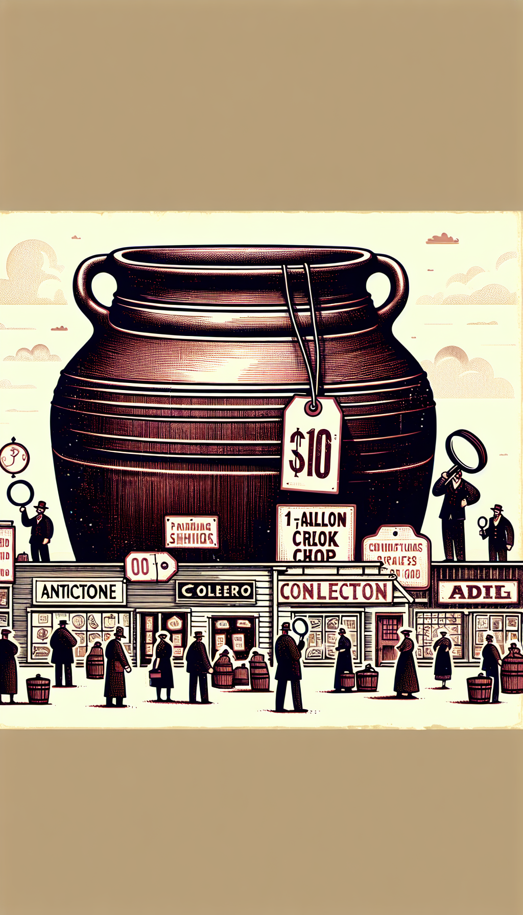 An illustration of a whimsical, oversized 10-gallon crock towering over antique shops and collectors holding magnifying glasses and price tags. The crock's textured finish and classic design elements, drawn in a vintage woodcut style, contrast with its surrounding in a modern, flat design, symbolizing its timeless value and significant size in the collectors' world.