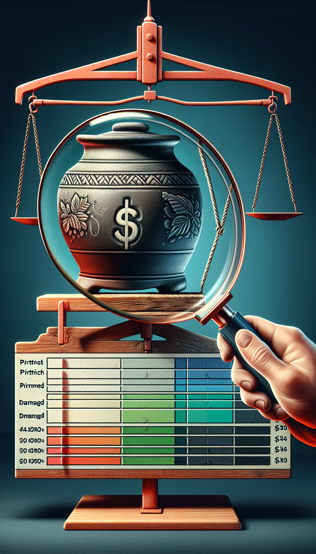 An illustration of a magnifying glass held over a vintage 10-gallon crock, which stands atop a grading scale ranging from "Pristine" to "Damaged". Lighting focuses on the crock, revealing its intricate patterns and potential flaws, while the scale below subtly incorporates dollar symbols to signify its fluctuating value based on condition. The styles shift from hyper-realistic on the crock and glass to a more abstract, color-blocked scale.