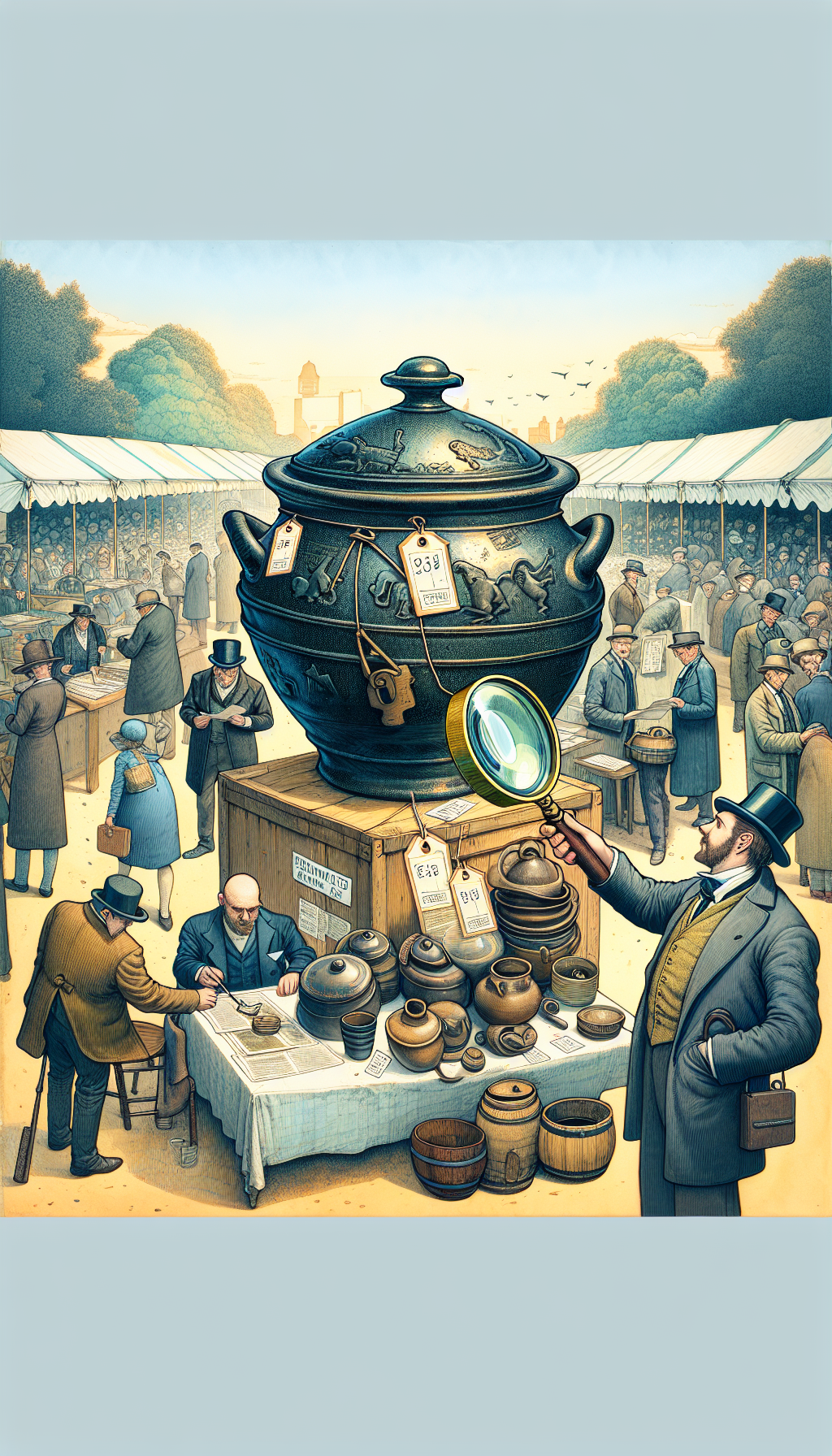 An illustrated antique market scene with vendors and buyers clustered around a prominent, detailed 10-gallon crock, highlighted by a whimsical magnifying glass showcasing price tags. Diverse styles, from watercolor backgrounds to a caricatured auctioneer with a gavel, merge to embody the eclectic valuation process of these historical treasures.