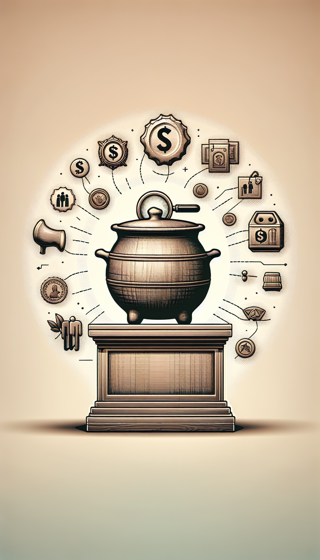 An image showcasing a pristine 5-gallon antique crock resting atop a pedestal, with whimsical, translucent icons floating above it, each representing key value factors: a tiny magnifying glass (authenticity), a dollar sign within an age ring (age and condition), a maker's mark stamp (rarity), and a group of diverse people in silhouette (demand). The styles range from realistic to flat to line art.