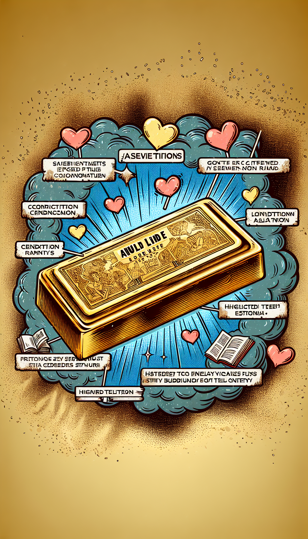 An animated dust cloud dissipates to reveal a gleaming, vintage Playboy magazine, with a reflective gold bar underneath and cartoon hearts floating above. Iconic factors like condition, rarity, and featured personalities are etched along the gold's edge, morphing from rough sketches to crisp lines, symbolizing the transformation from dusty to desirable, encapsulating the value of old Playboy editions.