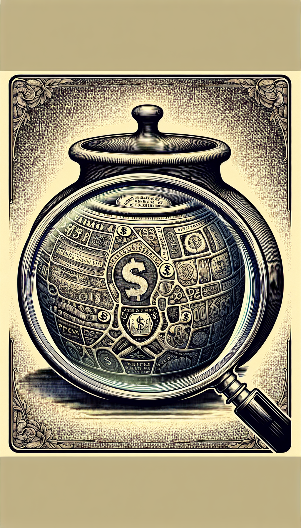An intricate magnifying glass zooms in on the base of a detailed antique 5-gallon crock, revealing a mosaic of maker's marks and origin symbols intertwined with dollar signs and aged patina textures. The glass frame transitions from vintage line art to a realistic portrayal, reflecting the fusion of historical craftsmanship and the crock's monetary legacy.