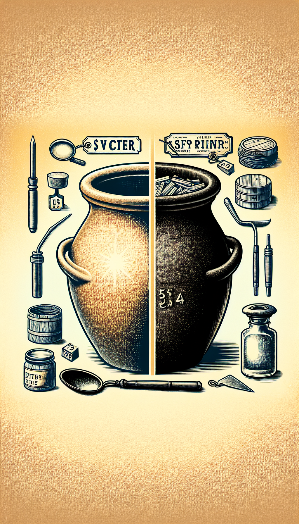 An illustration portrays a split-view of a pristine and a worn 5-gallon antique crock, sitting atop a gradient of value indicators, resembling vintage price tags that transition from high to low. The intact side gleams under a magnifying glass, emphasizing minute, crucial details, as condition-evaluating tools scatter around the damaged half, highlighting the importance of wear in assessing an antique's value.