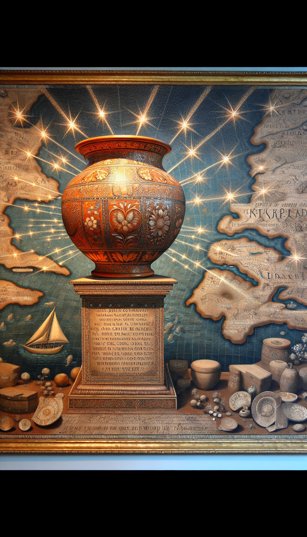 An intricately drawn treasure map unfurls across the page, leading to a majestic 5-gallon crock, sparkling amidst other common pottery. The crock, embellished with rare patterns and an aura of luminance, sits atop a pedestal with a tag showcasing a hefty value. Diverse art styles like pointillism, art nouveau, and engravings are interwoven within the map's topology and the crock's depiction.