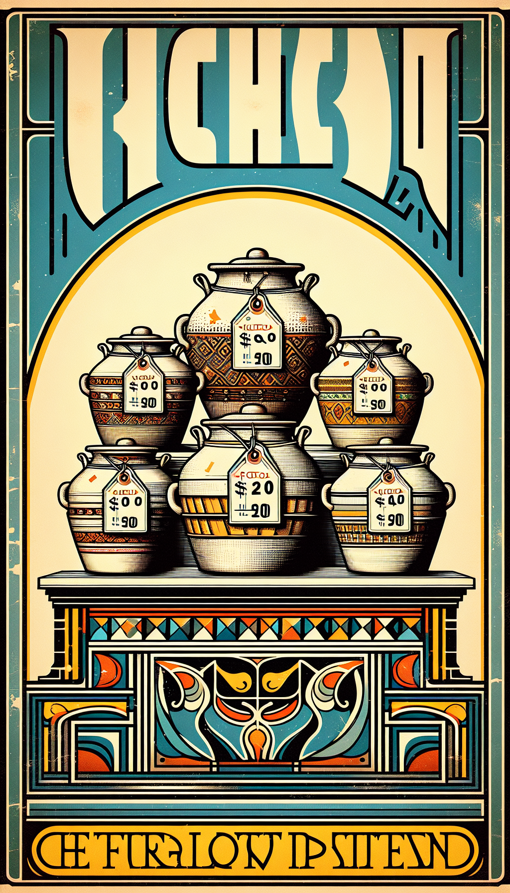 A whimsical illustration showcasing a group of anthropomorphic vintage five-gallon crocks, each carrying a price tag with escalating values, perched atop a grandiose auctioneer's pedestal. The background is a dynamic mix of art styles—Art Deco borders, Impressionist hues, and Pop Art elements—creating a tapestry that embodies the timeless appeal and valuation of these antique treasures.