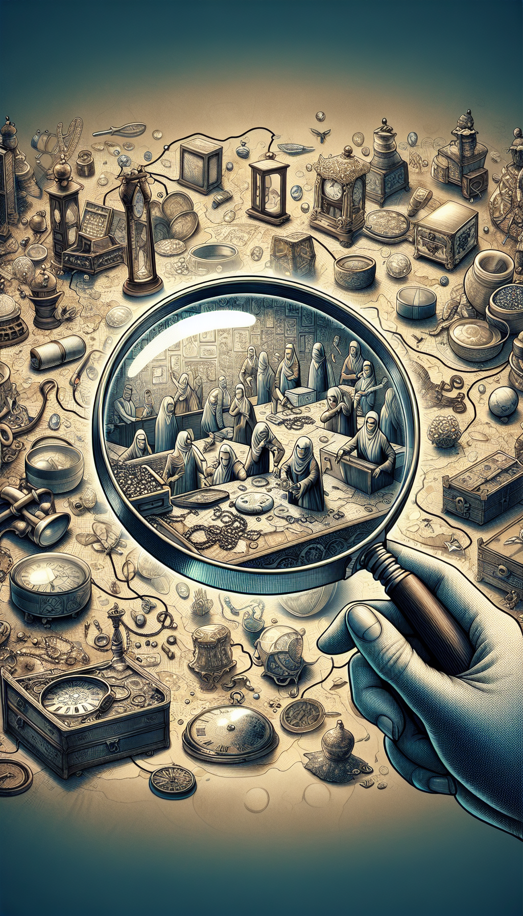 An illustration depicting a magnifying glass hovering over a cluttered treasure map, with key landmarks in the form of antiques like a grandfather clock or a vintage jewelry box, each emitting a faint glow. Within the magnifying glass, local antique appraisers are sketched in a detailed, realistic style, analyzing a piece, contrasting with the rest of the map's whimsical, cartoonish aesthetic.