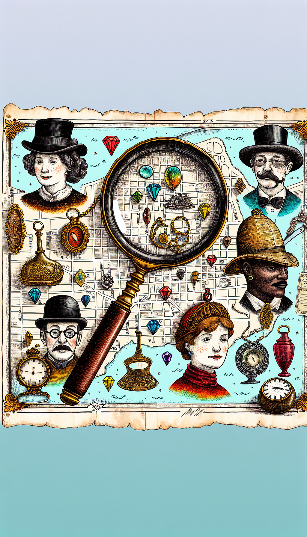An illustration featuring a magnifying glass over a stylized local map, with various antique items (a clock, vase, jewelry, etc.) marked as notable landmarks. Encircling the map are friendly caricatures of appraisers wearing detective hats, each accompanied by a golden badge of authenticity. The magnifying glass, map, and characters are outlined with a sketchy, ink-drawn style, while the antique items are depicted in vibrant watercolors.