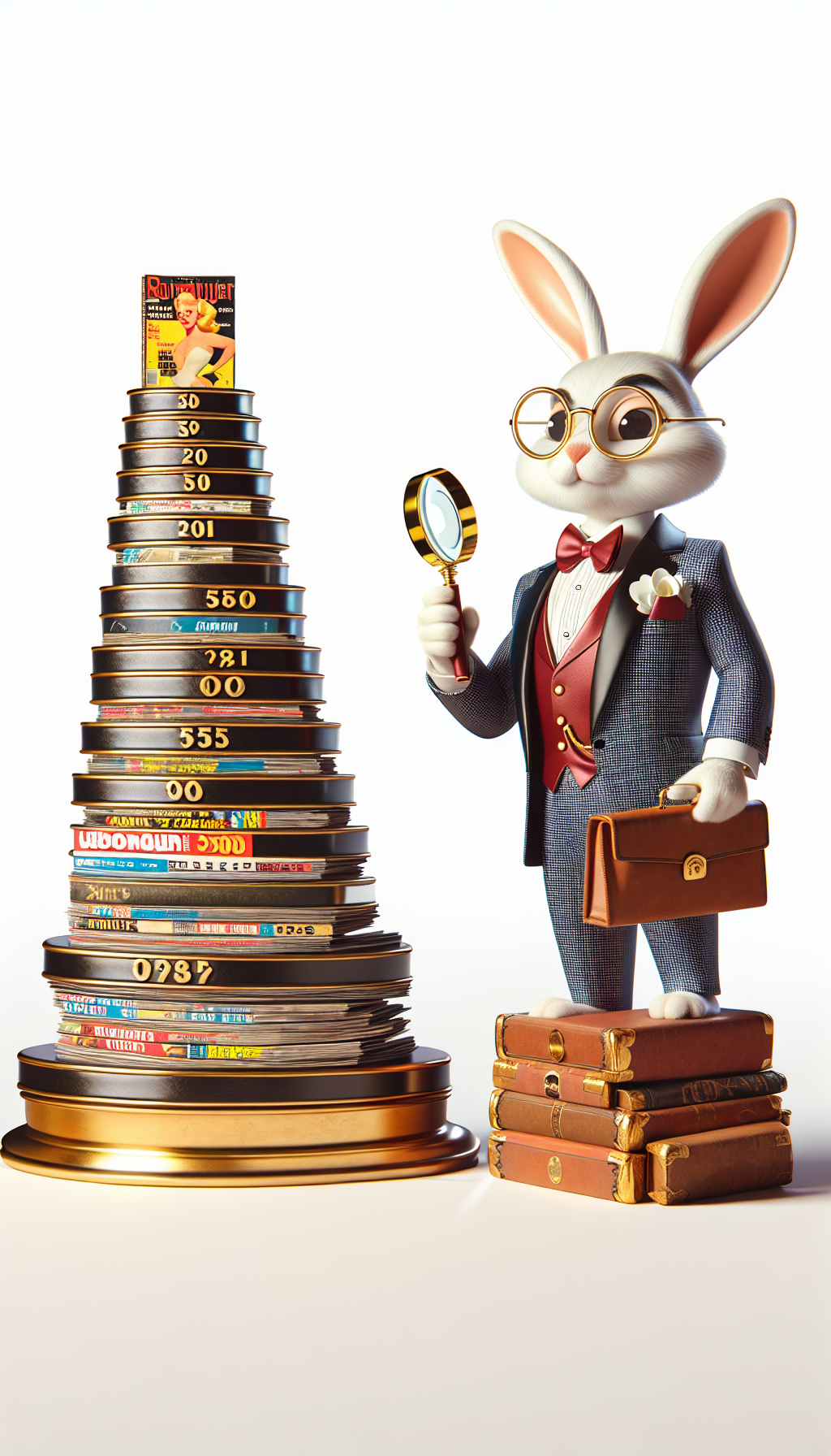 An anthropomorphic, suave bunny in vintage attire, holding a magnifying glass, stands beside a towering rarity scale that uses Playboy magazine covers instead of numbers. The covers ascend from common to rare, with the topmost shining like a prized artifact. The bunny's other paw is protectively placed on a pedestal showcasing a pristine, golden-hued, rarest edition, emphasizing its value.