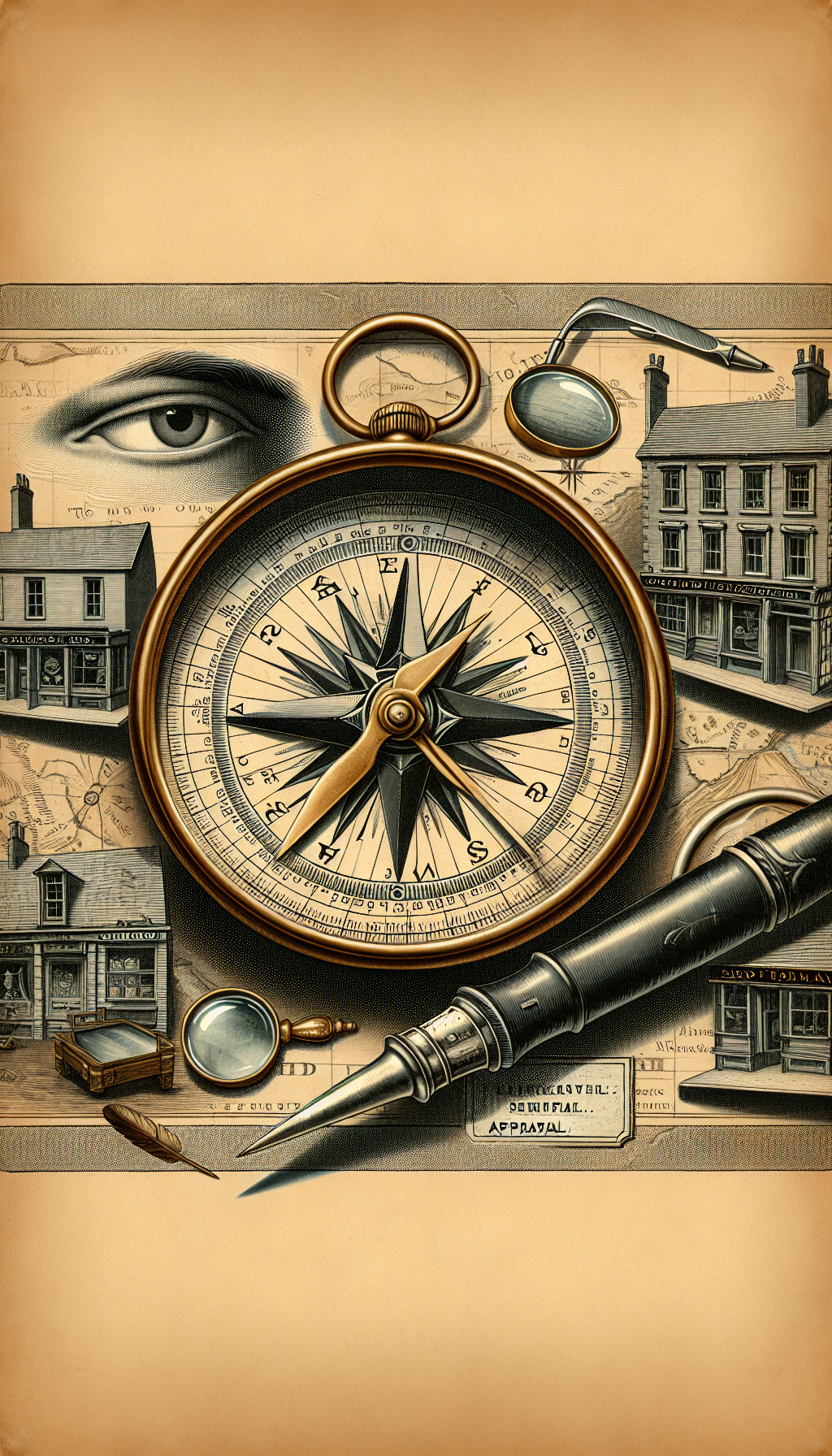 An illustration depicts an intricately detailed antique compass on an ancient map marked with magnifying glasses and quills, symbolizing appraisal. Near the edges, small vignettes contain local landmarks or storefronts with "Appraisal" signs, suggesting a quest for nearby experts. A pair of discerning eyes peers from behind the compass, embodying preparation and scrutiny for the appraisal journey.