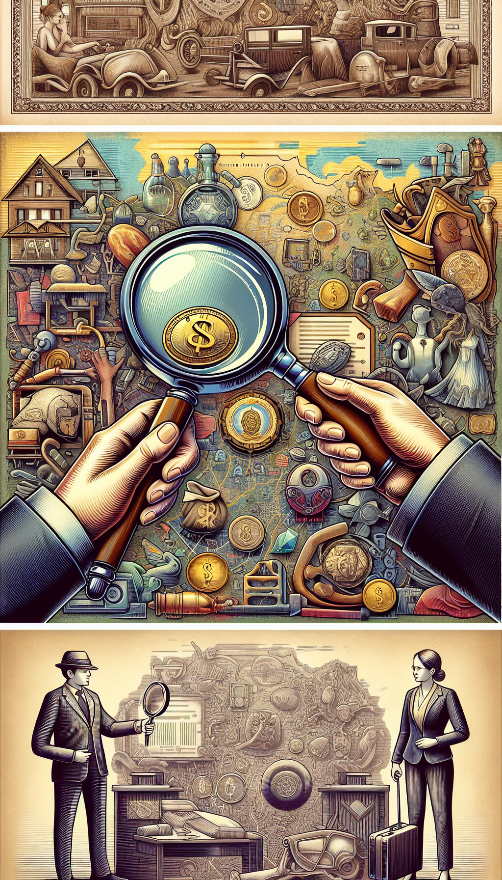 An illustration depicts a magnifying glass over a map sprinkled with various antique items, each tagged with a dollar sign, and a professional appraiser, with a badge of authenticity in one hand, extending a helping hand to the local community, signaling fair pricing and trust. The styles range from watercolor antiques to digital lines for the map and appraiser.