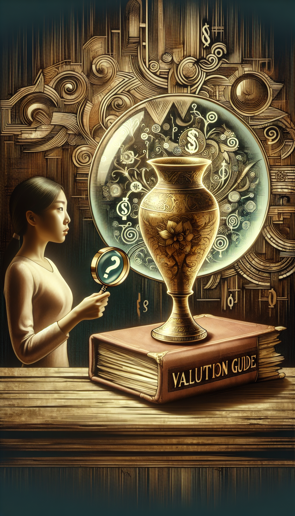 A magnifying glass held by a graceful hand hovers over intricate inscriptions etched into a lustrous antique brass vase, with dollar signs and question marks subtly blending into the ornate patterns. The vase sits atop an old book labeled "Valuation Guide," hinting at secrets waiting to be decoded to reveal the object's worth. The style alternates between photo-realism for the vase and hand-drawn elements for the imaginative details.