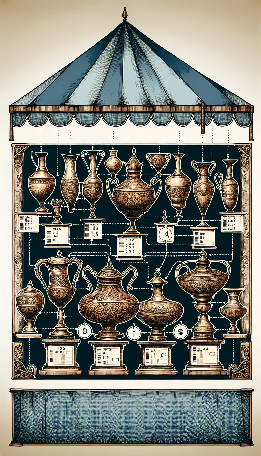 An illustration showcases an array of antique brass vases displayed on cascading pedestals that resemble price tags, each with different value labels. Above, a whimsically drawn marketplace canopy floats, harboring various trading venues like auction houses, online platforms, and antique shops, connected by dotted lines to the appropriate vases, hinting at their ideal selling spots.