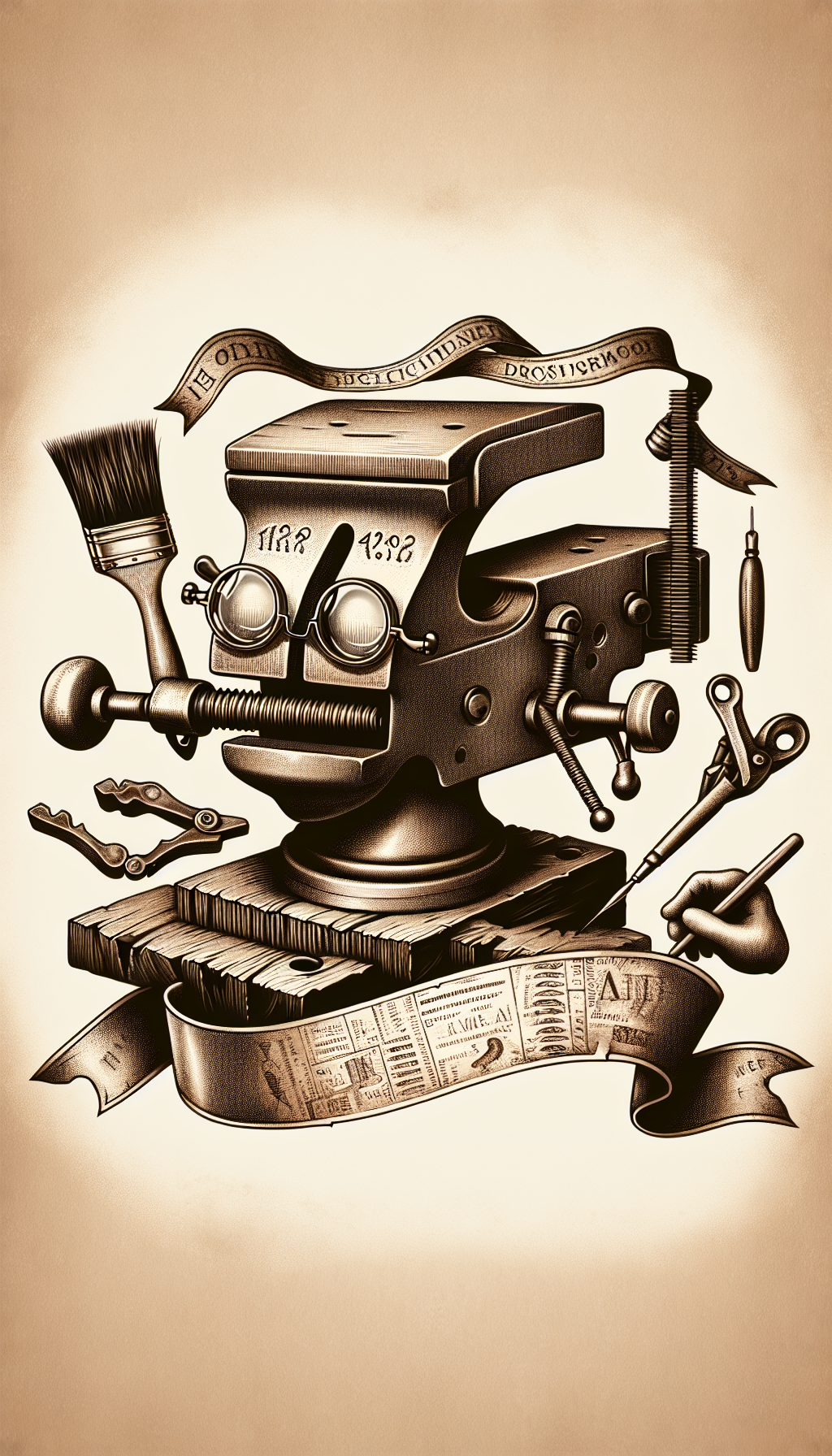 A sepia-toned illustration depicts an anthropomorphized, wise old vise, adorned with reading glasses, holding an archival brush and a magnifying glass. A ribbon unfurls beneath it featuring engravings of distinct vintage vise make-and-model markers. Around the vise, tiny mechanical hands gently restore its surfaces, symbolizing preservation, while faded inscriptions imply the mystery of identifying its storied past.