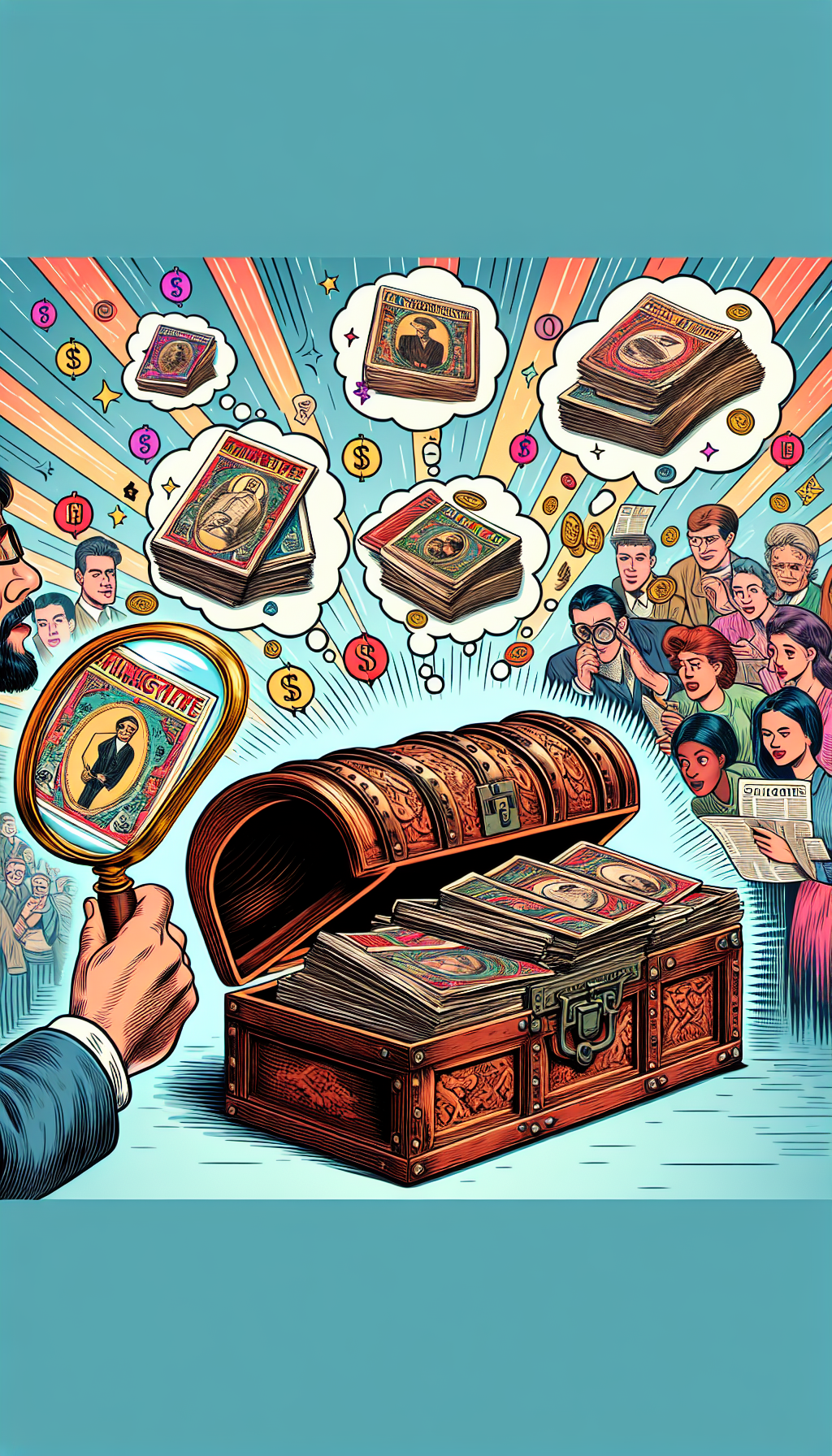 An illustration of a classic, ornate treasure chest overflowing with vintage Playboy magazines, each with a gleaming price tag. A caricatured merchant with a magnifying glass scrutinizes a prominent issue, while in the background, hand-drawn figures exchange issues with vibrant, animated dollar signs and collector cards popping above their heads in a comic-style thought bubble.