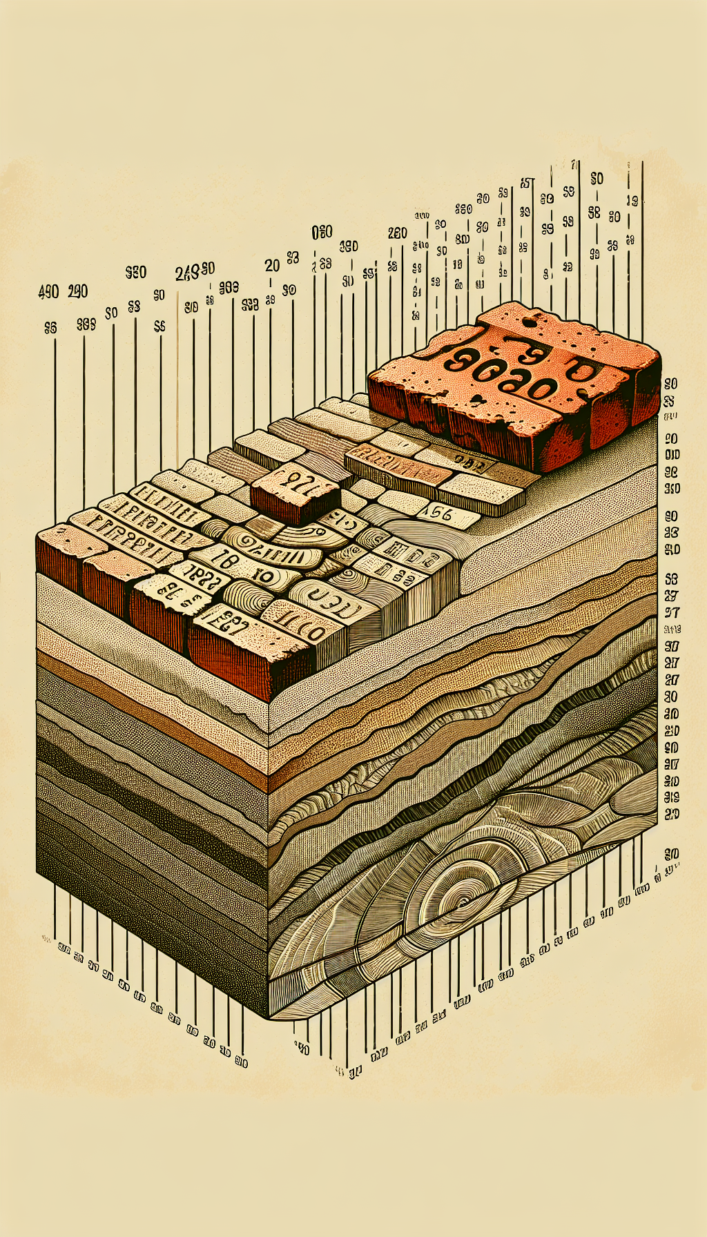 An illustration depicts an antique brick partially excavated from layers of soil, revealing its age rings like a tree, with each layer labeled with different historical epochs. Prices ascend skyward from the brick like building blocks, signifying the brick's escalating value with its age and origin, blending a vintage style engraving with modern vector elements to symbolize the fusion of past and present values.