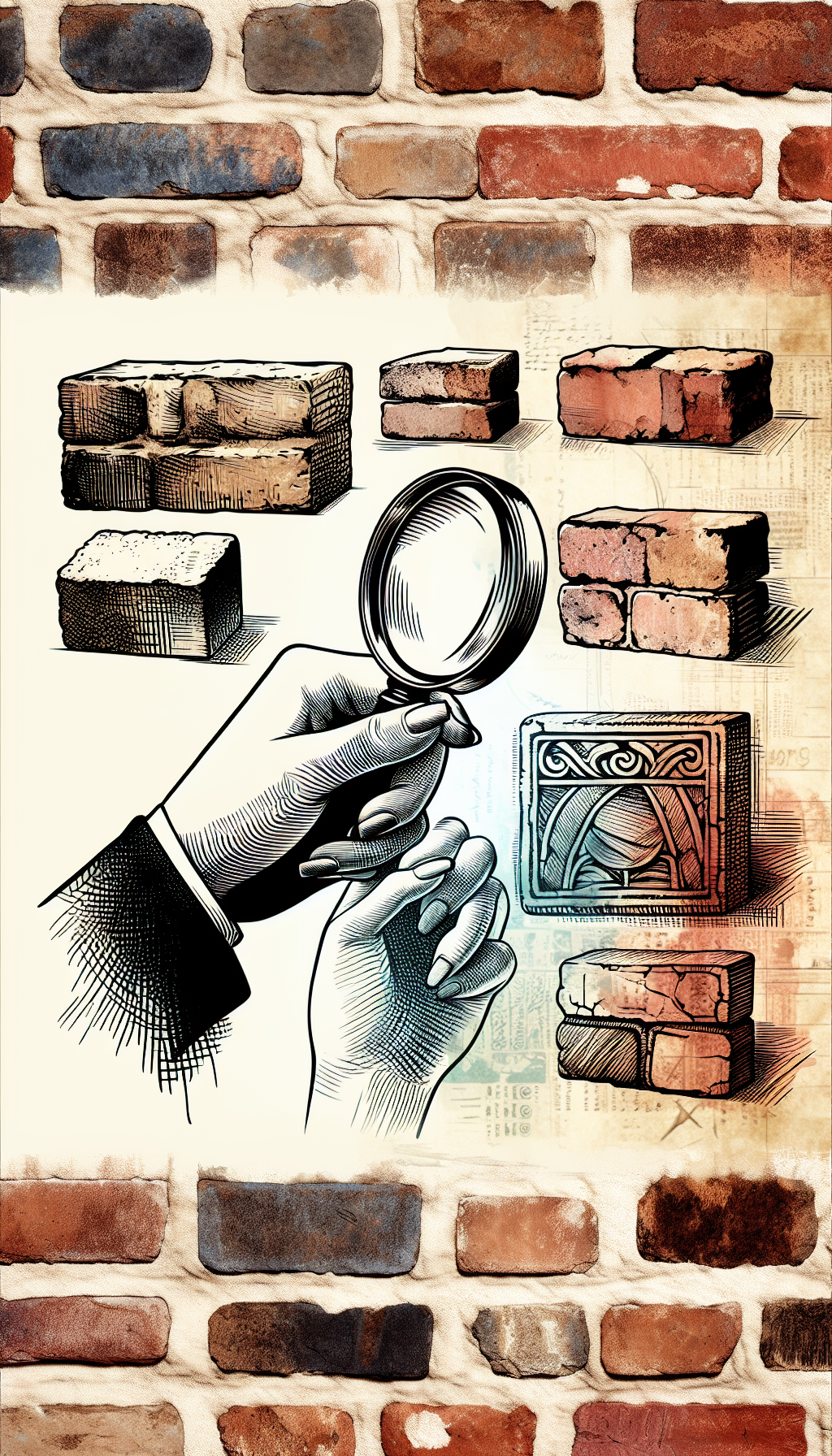 An elegant hand with a magnifying glass peers closely at a patchwork of vintage bricks, each adorned with distinct markings – an artisan's signature, a timeless stamp, or a unique patina. Varied styles, such as line art for the hand and watercolor for the bricks, highlight the blend of craftsmanship and historical value.