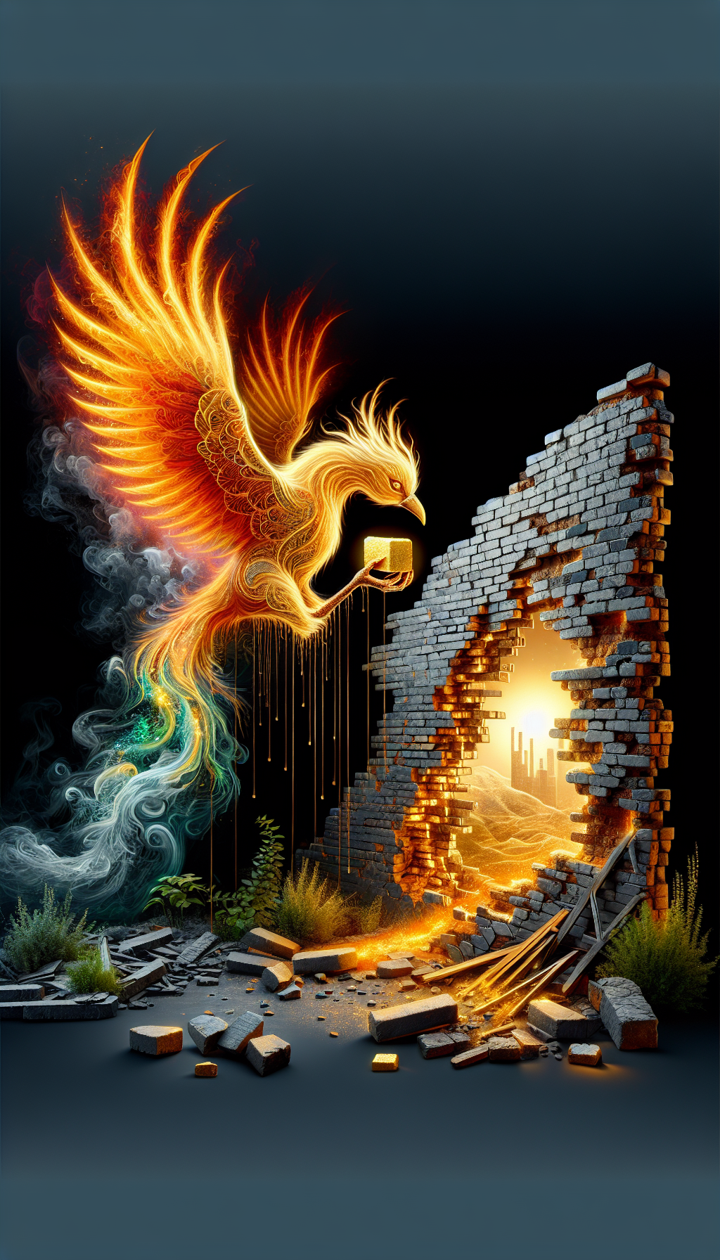 A stylized phoenix rises from a crumbling brick wall, grasping a golden brick in its talons, symbolizing rebirth and value. The wall's scattered antique bricks shimmer with precious metal veins, hinting at a lucrative market. Flora winds through the ruins, merging the past's decay with the thriving future, while price tags dangle from select, aged bricks, showcasing their unexpected worth.
