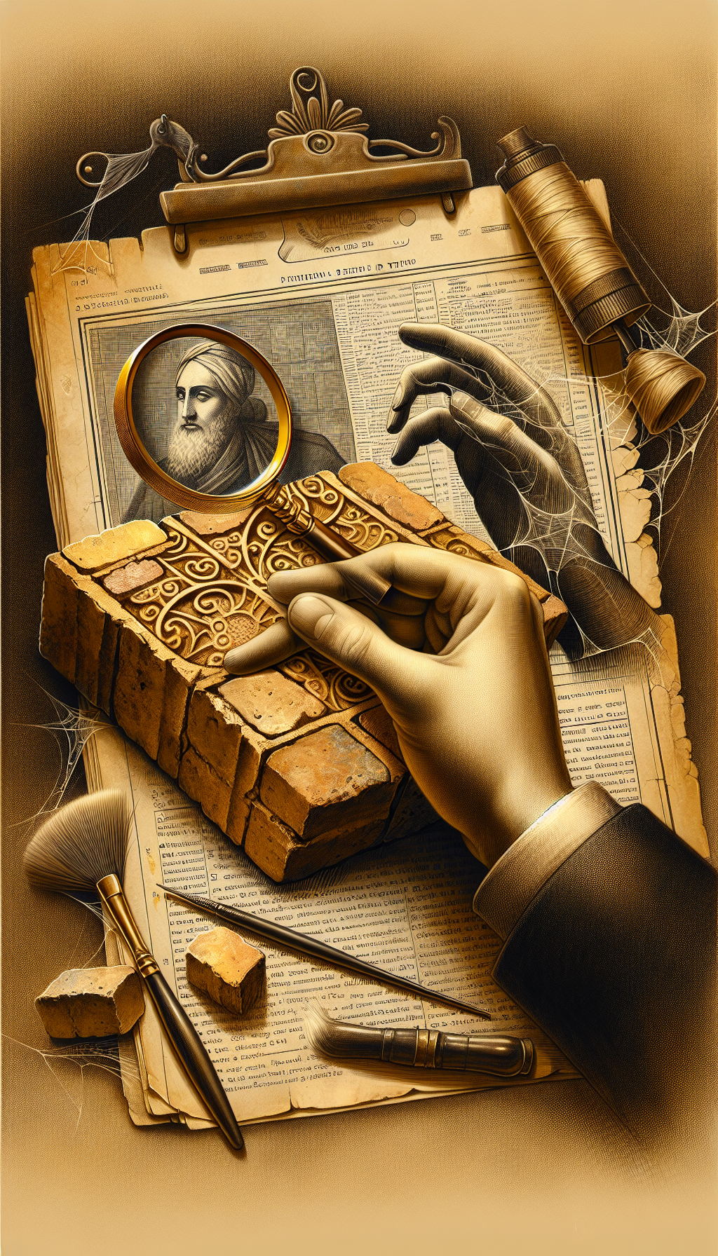 A hand cradles a magnifying glass, scrutinizing the intricate patterns on an antique brick, juxtaposed against a cobweb-covered, vintage encyclopedia entry on brick-making. The brick glows with a subtle golden sheen, implying its value. A semi-transparent layer of preservation tools like a brush and sealant casually cross the scene, suggesting maintenance. Styles vary from hyper-realistic detail on the brick to a sepia-toned, sketched background.