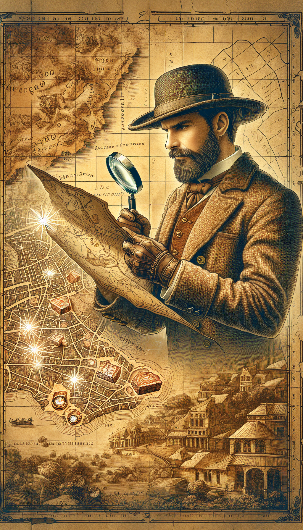 An intrepid explorer in vintage attire examines an ancient map with a magnifying glass, revealing hidden paths to a trove of glowing, precious bricks nestled in ruins and antique markets. The intricate map details landmarks, with brick illustrations as treasures marked by a shimmering "X," symbolizing the hunt for valuable antique bricks in a whimsical, sepia-toned ink style.