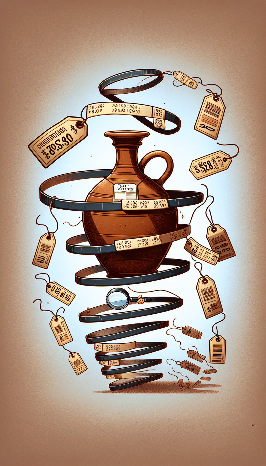 An illustration displays a whimsical timeline spiraling around an antique brown jug, with the dates of various eras etched alongside. A magnifying glass hovers over the jug, focusing on a label that reads "Age Factor" with the jug's estimated era highlighted. Scattered around are price tags that gradually increase as they approach the jug, symbolizing its growing value with age.