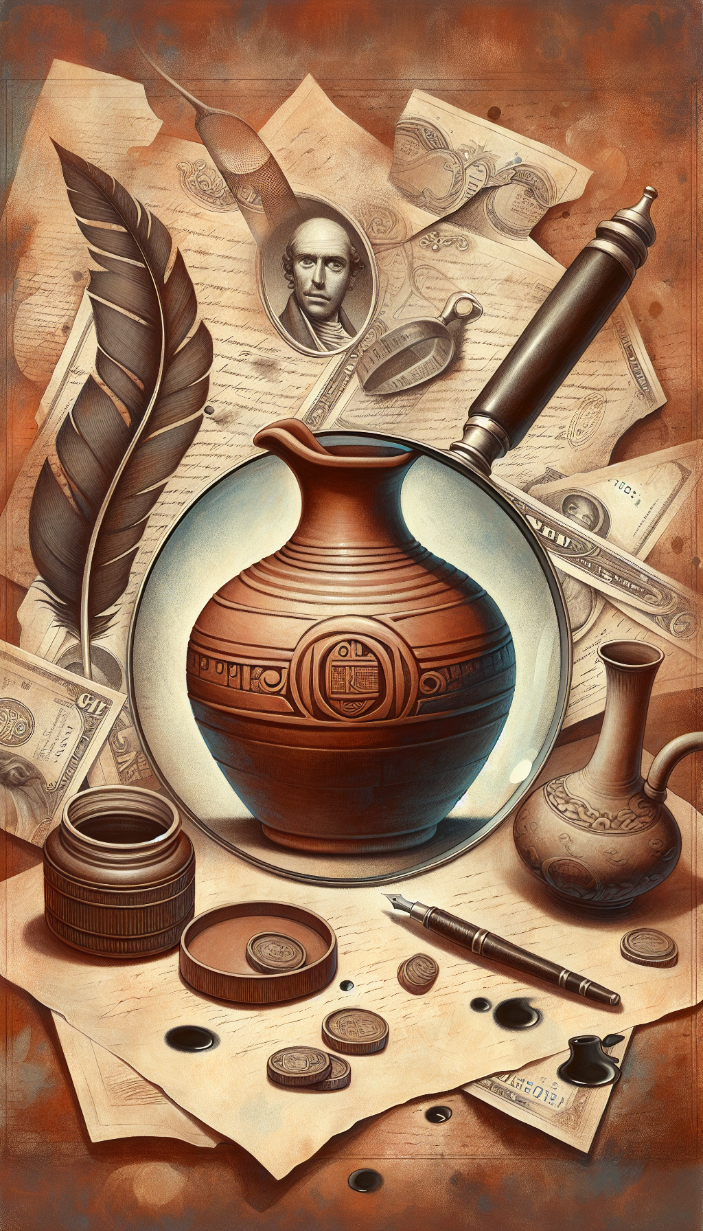 A vintage brown jug sits center frame against a parchment backdrop, a magnifying glass hovering above, revealing a clear, embossed maker's mark on its curved side. A quill and inkwell rest beside it, suggesting the jug's cherished history while subtle dollar symbols float upward from the jug, indicating its value. The style transitions from detailed realism around the jug to abstract sketches of currency and ink splatters.