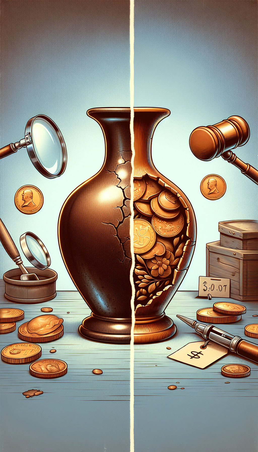 A split-frame illustration depicts a brown antique jug, one half pristine and the other featuring cracks and chips. Amidst a background of magnifying glasses, auctioneer hammers and price tags, with the pristine side boasting a shining gold coin, the damaged side fades to a dull copper penny, visually juxtaposing the jug's value against its condition.