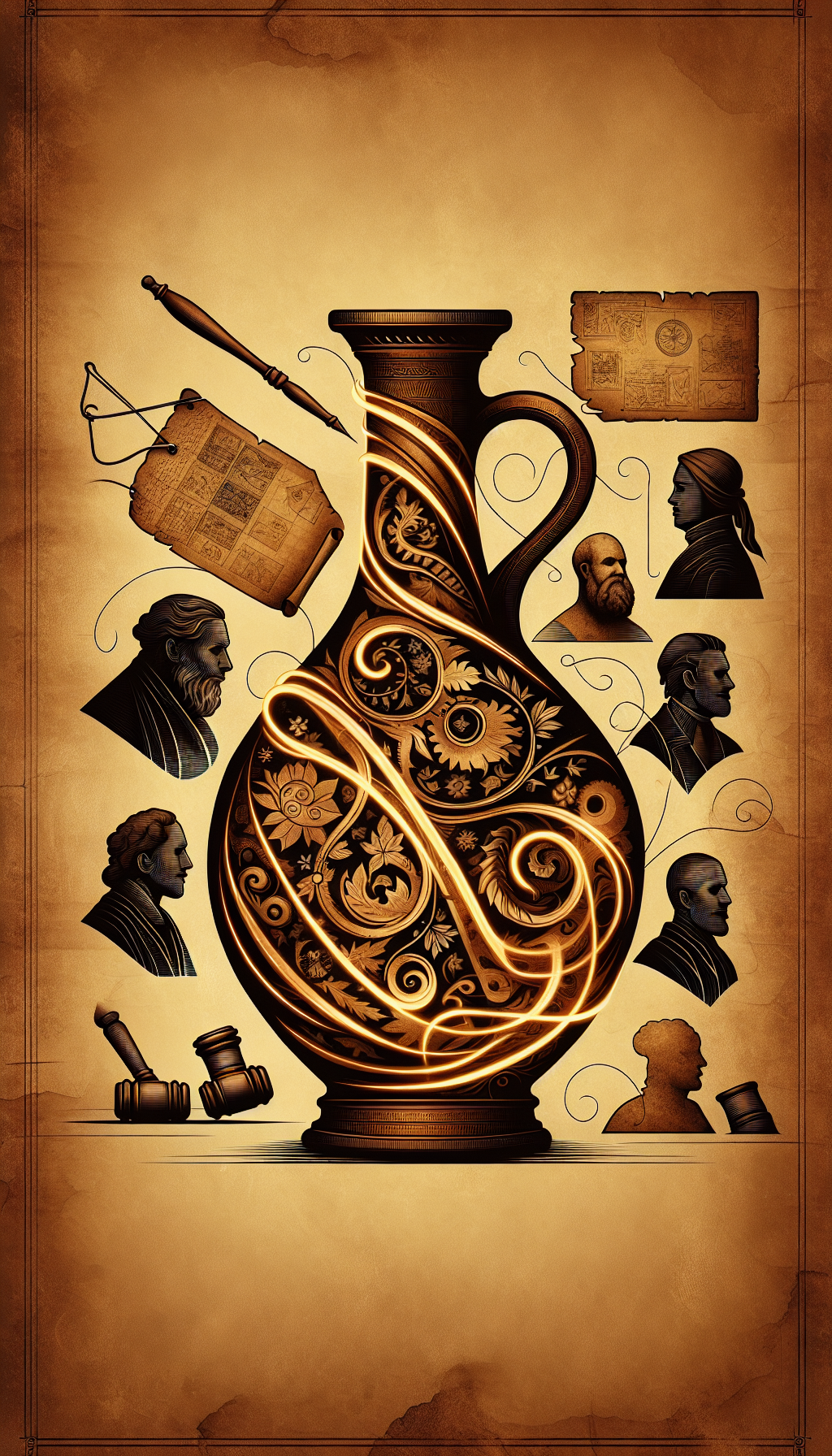 An illustration depicts the silhouette of an intricate, ancient brown jug, surrounded by a semi-transparent scroll unfurling to reveal its rich history. Echoes of past owners' portraits, aged maps, and faded handwritten letters overlap on the scroll, while shimmering golden lines subtly hint at the jug's value with currency symbols and a gavel, symbolizing its significance at auction.