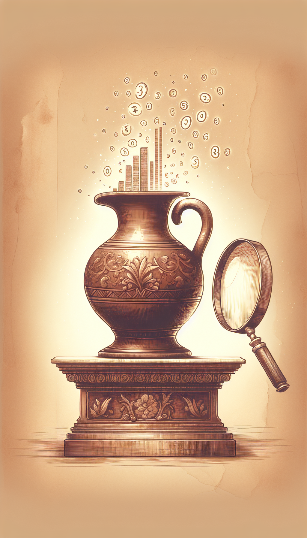 A whimsical, sepia-toned sketch captures a quaint antique brown jug perched atop an ornate pedestal. Soft, glowing numbers float upwards from its open mouth, suggesting a rising market value, while a magnifying glass hovers nearby, revealing fine, intricate patterns, signifying the comprehensive analysis involved in appraisal. The vintage aesthetic symbolizes the jug's antiquity and worth.