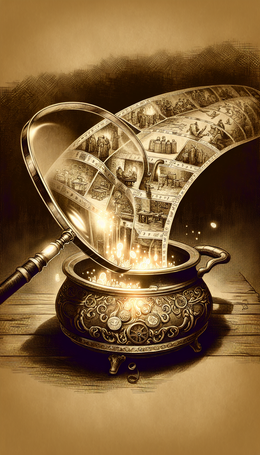 A sepia-toned illustration features a semi-transparent, ghostly timeline unfurling from within an ornate antique cast iron cauldron. Along the timeline are sketched pivotal historical events, blacksmiths crafting, and trade routes. At the end, a shimmering appraiser's magnifying glass hovers over the cauldron, highlighting glowing coins, symbolizing the cauldron's assessed value.