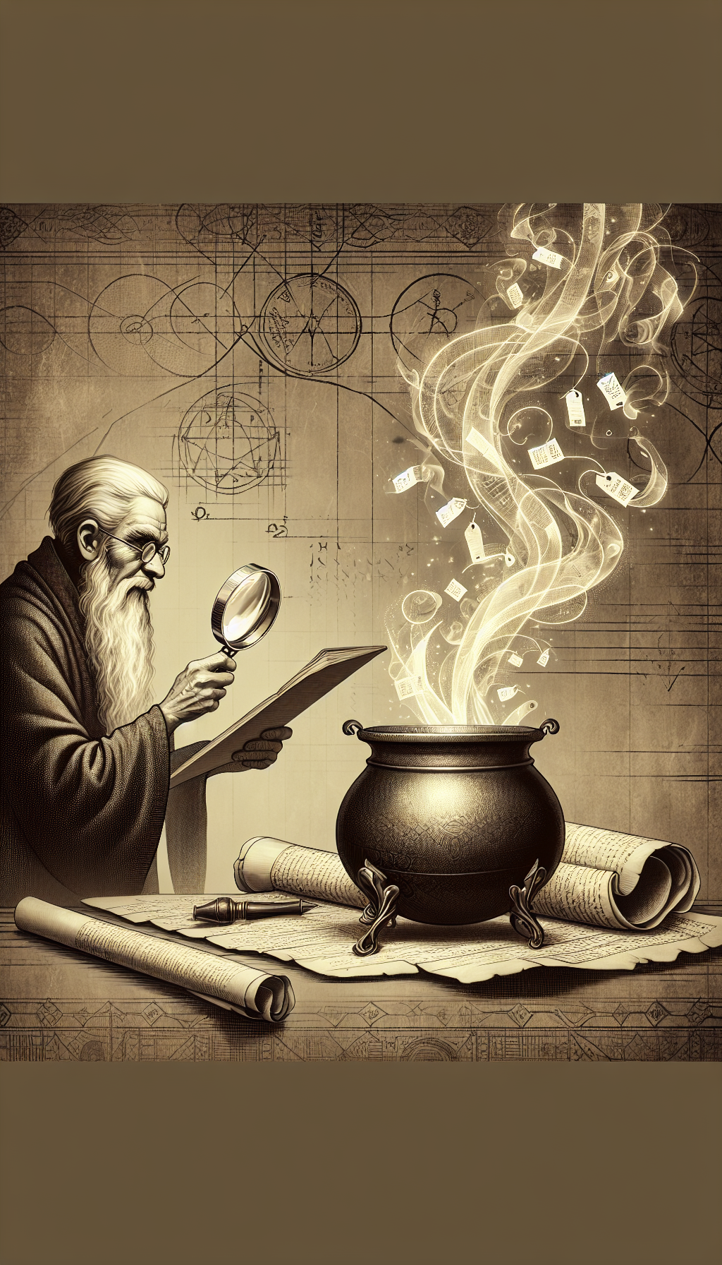 A sepia-toned illustration depicts an elder wizard peering through a magnifying glass at a vintage cauldron, with ghostly price tags floating upward, indicating rising values. The cauldron sits atop an ancient scroll inscribed with appraisal notes, while mystic symbols of authenticity and rarity subtly watermark the background. The image seamlessly blends the aura of antiquity with the precision of valuation.