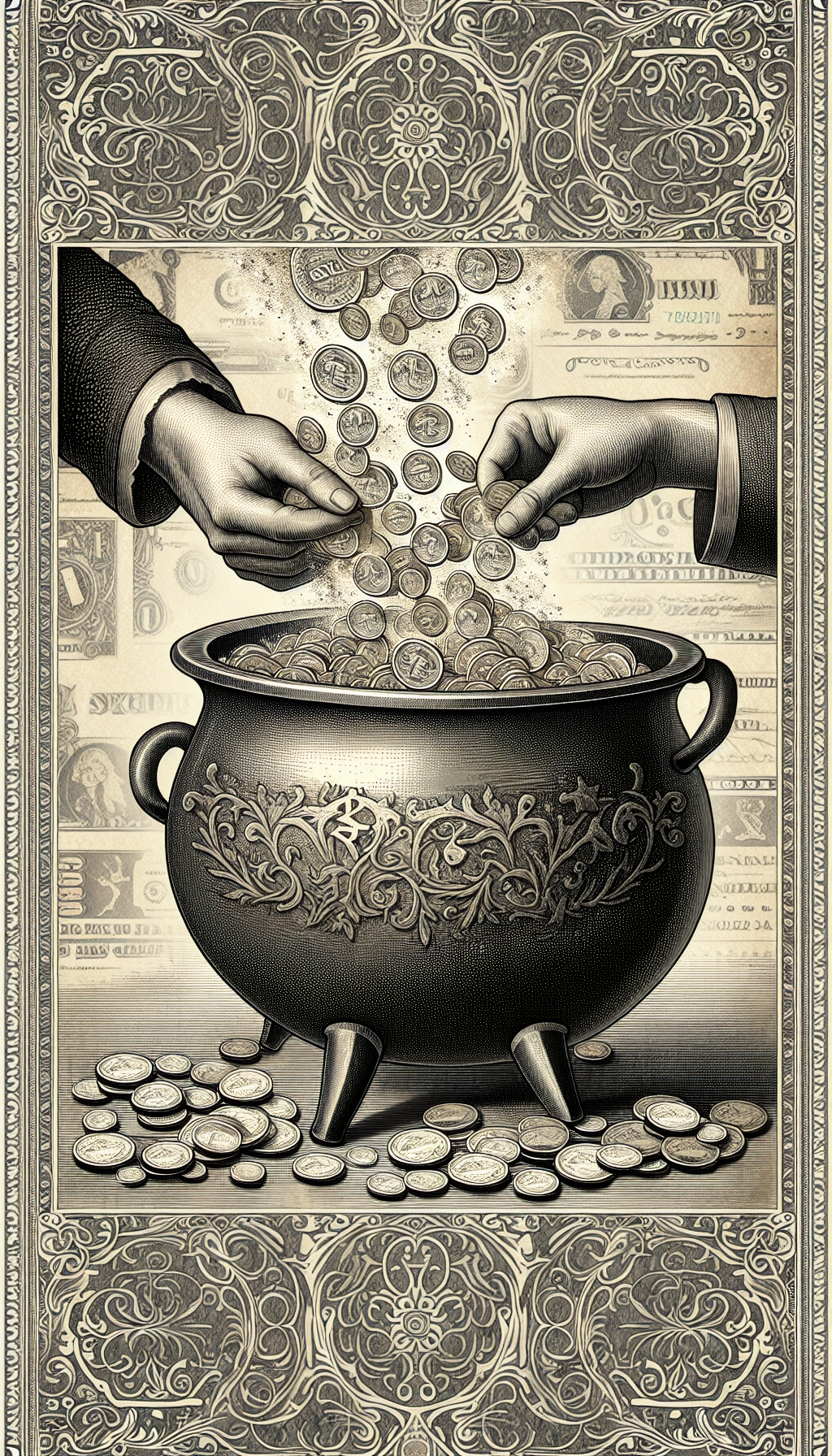 An elegantly etched illustration shows hands exchanging a hefty, ornate cast iron cauldron over a faded backdrop of currency, with golden coins pouring from the cauldron's mouth like magic potion, signifying the value of the antique. The border is adorned with intricate patterns reminiscent of vintage filigree, emphasizing the timeless worth of the investment.
