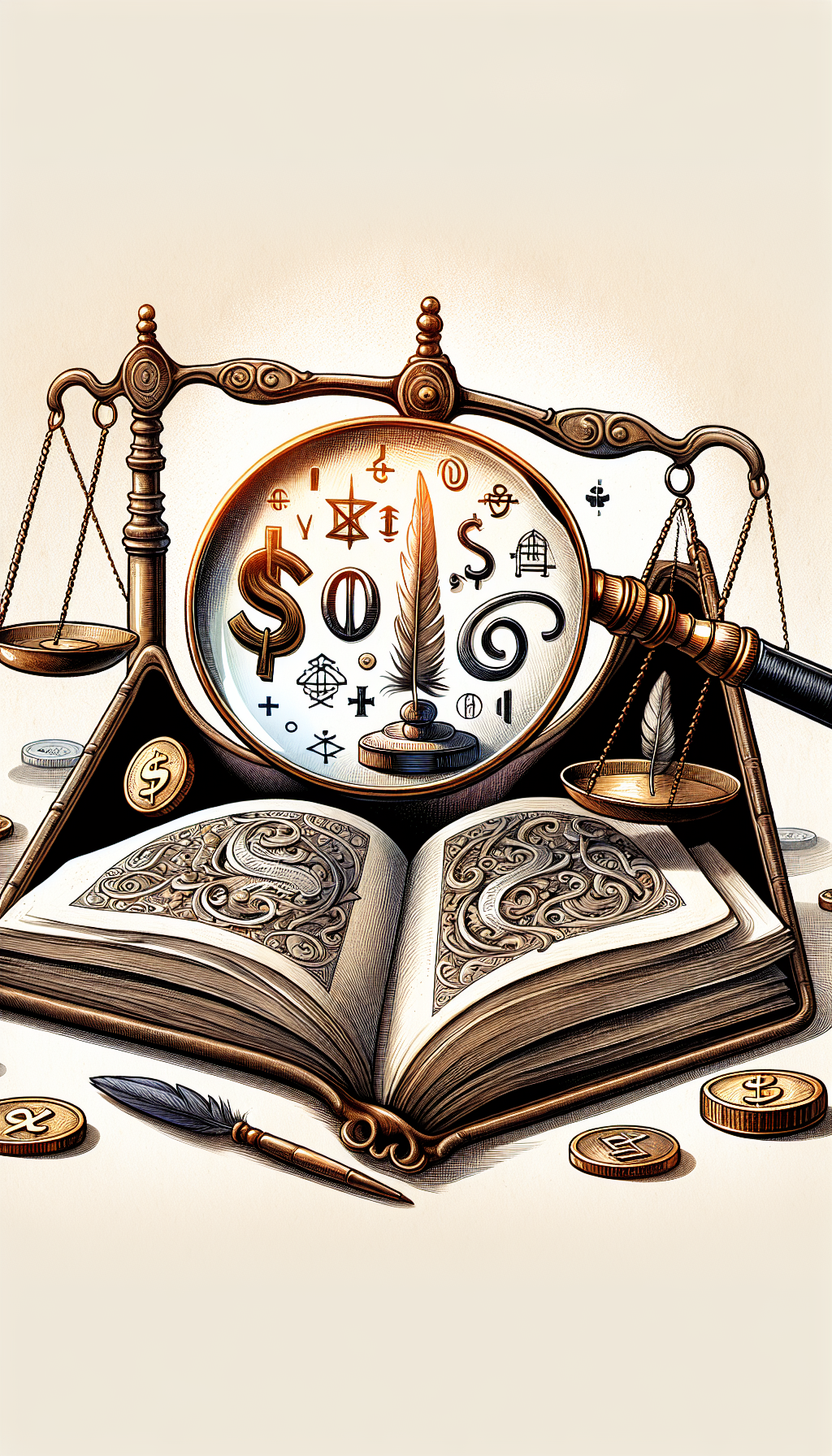 An aged magnifying glass hovers over an open, ornate antique book, with visible rare symbols and dollar signs subtly emerging from the pages. Beside it, a balance scale weighs a feather against a coin, symbolizing the delicate interplay of rarity and demand in valuation. The styles randomly alternate between fine line art for the symbols and watercolor textures for the book and instruments.