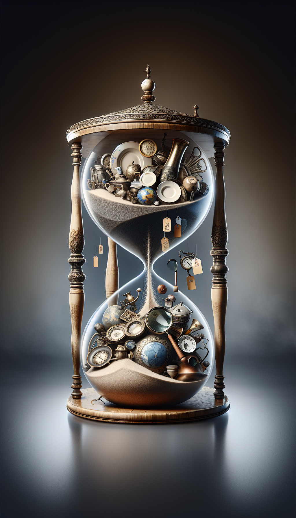 An intricate hourglass stands center, its upper globe cradling an assortment of antique dishes rather than sand, while its lower globe showcases price tags and magnifying glasses in place of usual grains. This surreal blend symbolizes the passage of time and the value assessment in the era exploration of antiques.