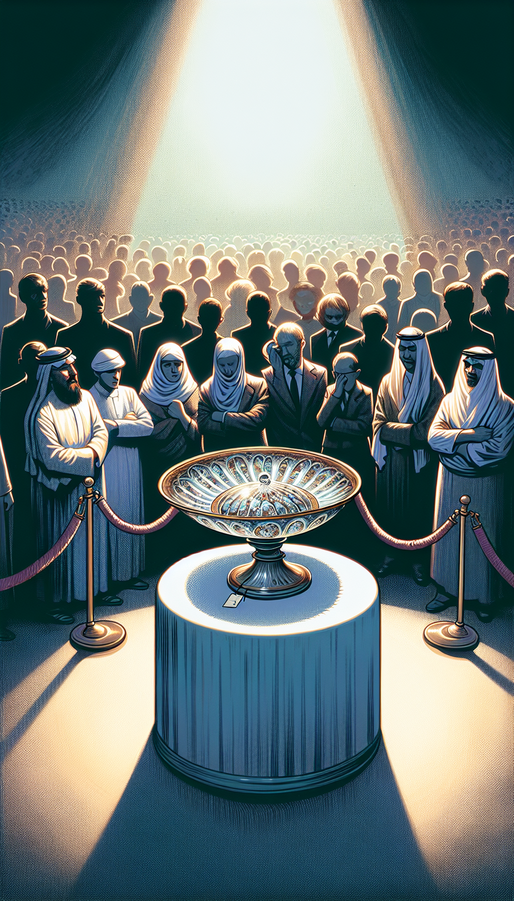 An elegant, antique dish is perched on a pedestal, with a group of silhouetted figures gazing at it longingly from behind a velvet rope. A transparent, ghostly price tag dangles, inflating as the crowd's size increases, symbolizing the allure of rarity and its impact on value. The style transitions from realistic at the dish to impressionistic in the crowd.