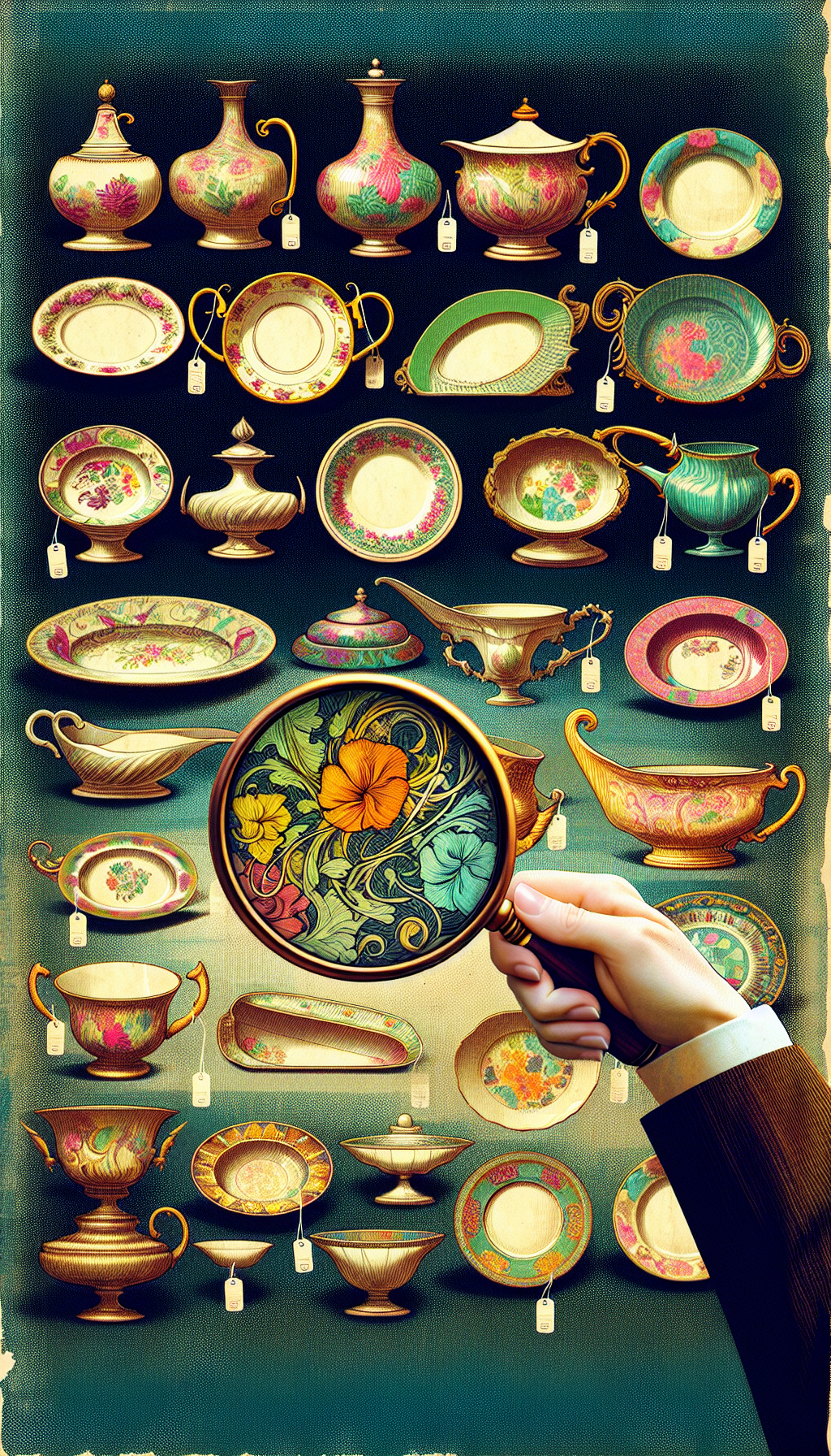 An elegant hand with a magnifying glass examines a rich tapestry of antique dishes, each sketch in a different style: Art Nouveau curves, Art Deco sharpness, Victorian flourishes, and Baroque ornamentation. The dishes gleam, subtly transitioning in color to gold at the edges, symbolizing their value, while a faint watermark of a price tag overlays the corner, hinting at their appraised worth.