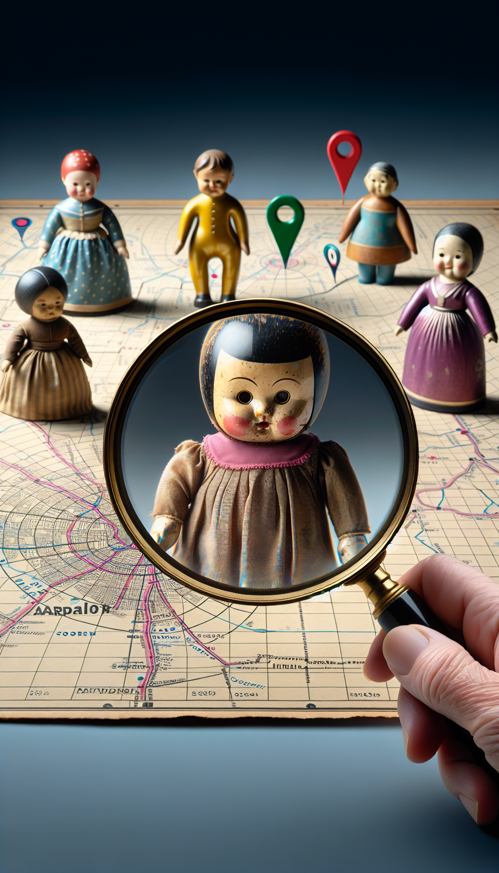 An illustration depicts a magnifying glass hovering over a cluster of vintage toys on a map marked with location pins. Through the lens, an antique doll comes into sharp focus, while an appraiser's eye peers from the opposite side, examining its worth. The map highlights nearby appraiser locations, blending the ideas of discovery and professional evaluation of nostalgic treasures.